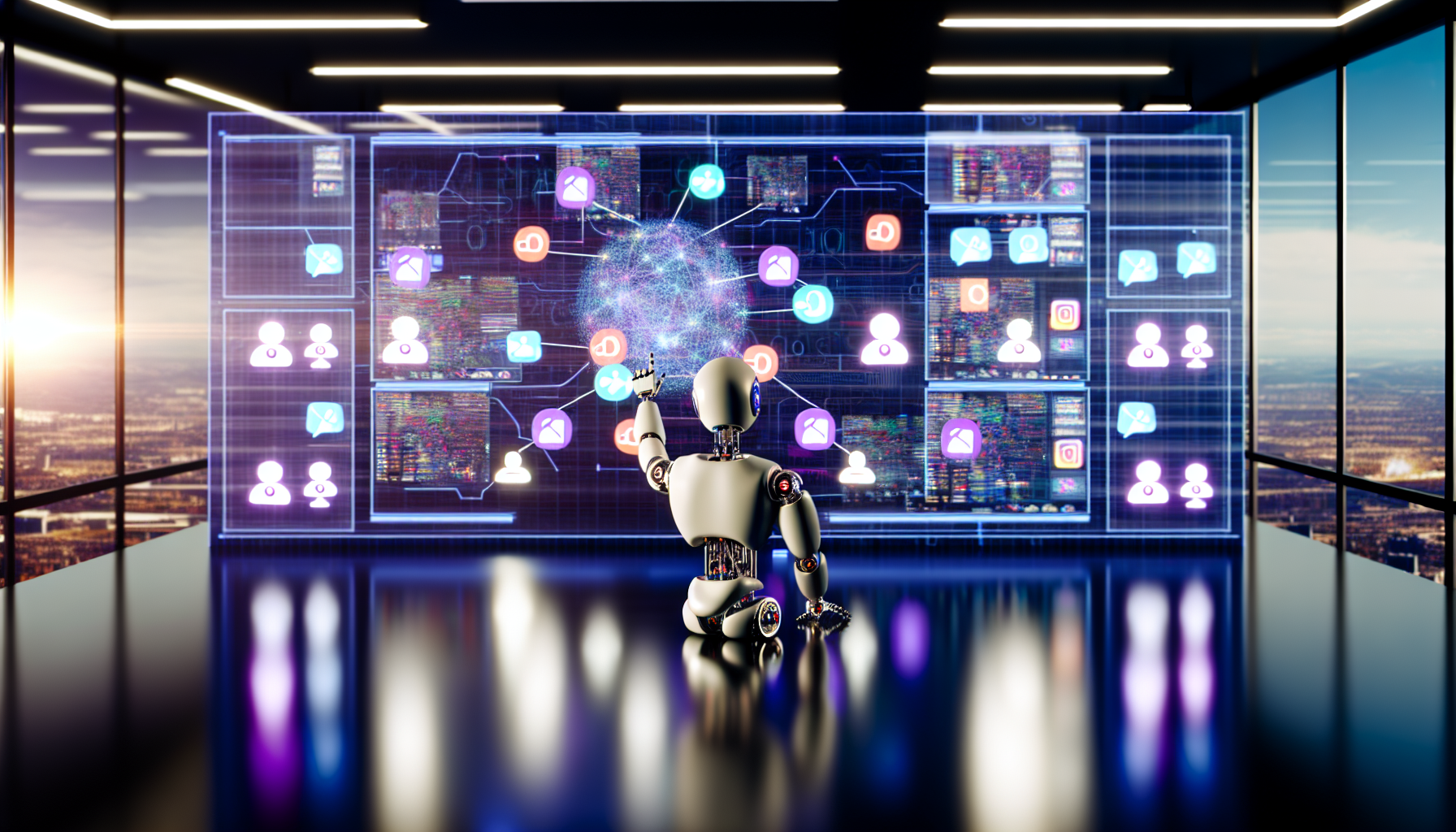 Erstellen Sie ein Bild, das den Prozess der Nutzung von kÃ¼nstlicher Intelligenz zur Erstellung von Inhalten fÃ¼r soziale Medien darstellt. Visualisieren Sie eine futuristische, hochmoderne Umgebung mit Computerbildschirmen, die komplexe Algorithmen und flieÃŸende Daten anzeigen. Auf dem Bildschirm sollten Symbole beliebter sozialer Medienplattformen dargestellt werden. Ein humanoider Roboter sitzt vor dem Computer, seine Hand schwebt Ã¼ber einem Touchpad, als wÃ¼rde er den Prozess verfeinern. Die generierten Inhalte kÃ¶nnten verschiedene Elemente wie Werbegrafiken, bunte Diagramme und auffÃ¤llige visuelle Darstellungen umfassen. Der Raum ist sanft beleuchtet mit Neonlichtern, die sich auf glatten, metallischen OberflÃ¤chen spiegeln.