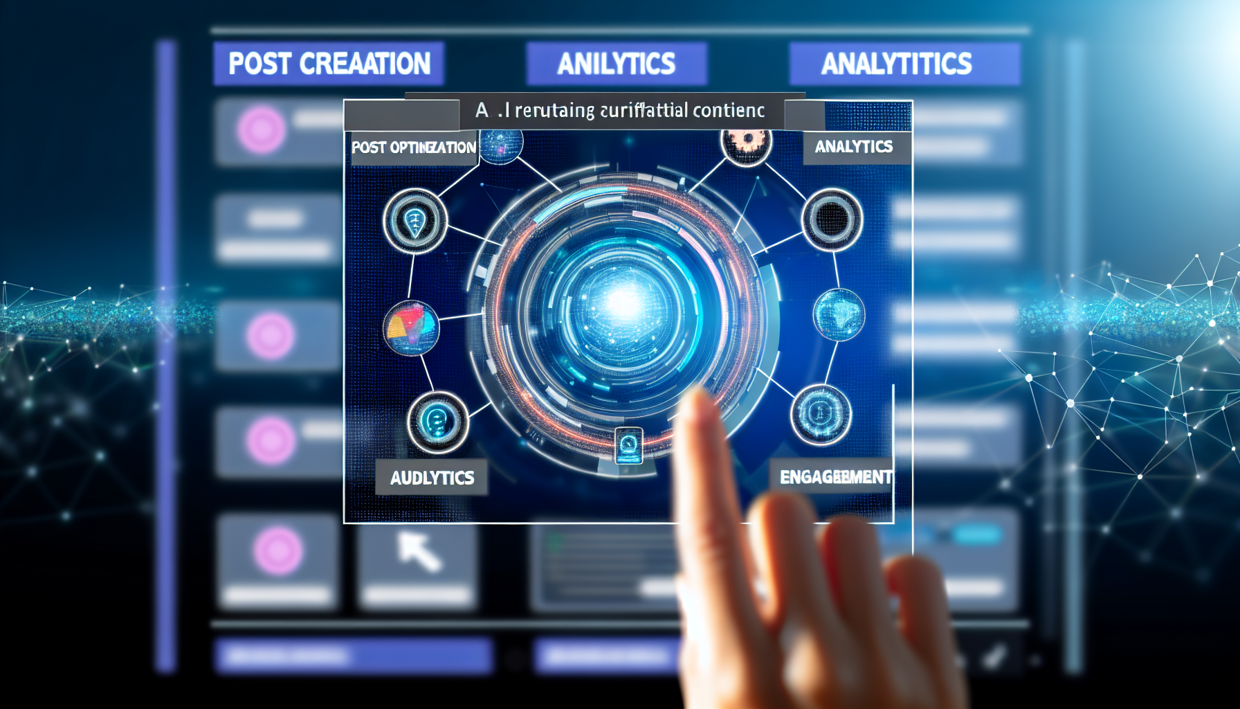 Erstellen Sie ein Bild, das den Prozess der Nutzung von KÃ¼nstlicher Intelligenz zur Erstellung von Inhalten fÃ¼r soziale Medien zeigt. Integrieren Sie einen digitalen Bildschirm, der eine KI-basierte Software anzeigt, mit verschiedenen digitalen SchaltflÃ¤chen, die unterschiedliche Funktionen wie 'Beitrags Erstellung', 'Inhaltsoptimierung', 'Analytik' und 'Zielgruppenengagement' anzeigen. Visualisieren Sie auch DatenstrÃ¶me, technologische Schnittstellen und futuristische Signale, um die fortschrittliche Natur der Software darzustellen.