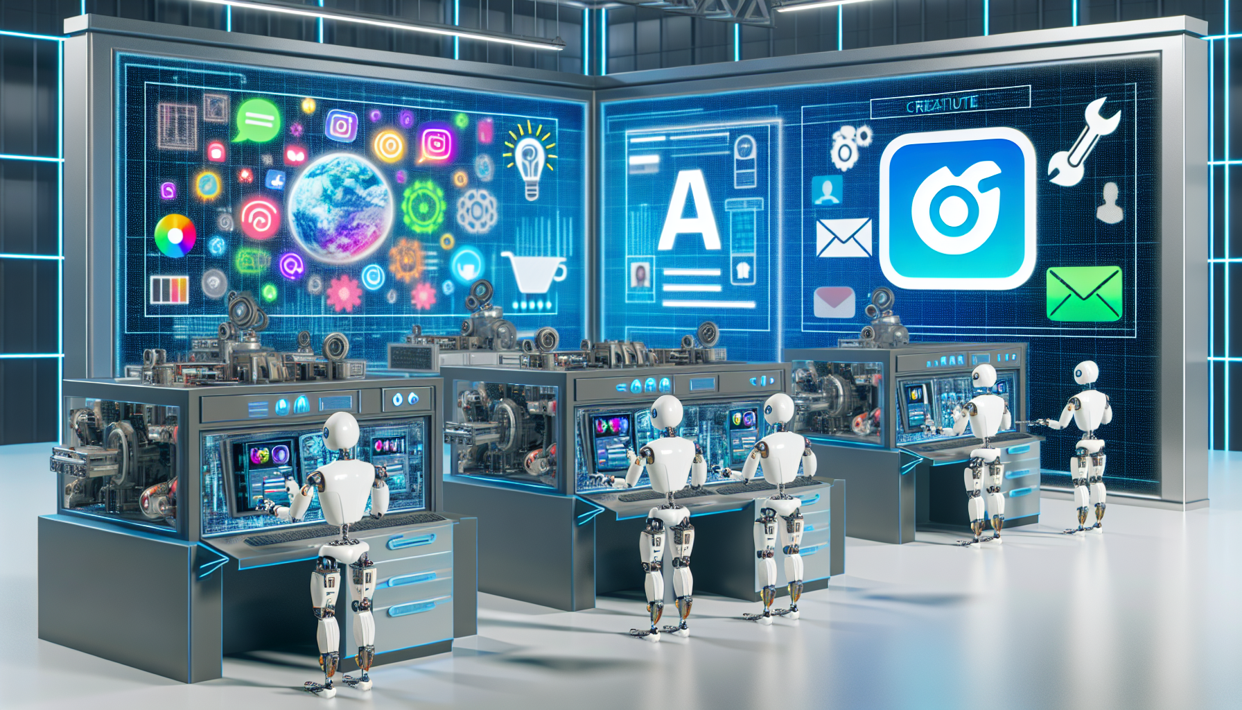 Erstellen Sie Inhalte fÃ¼r soziale Medien mit kÃ¼nstlicher Intelligenz. Dies kÃ¶nnte ein Bild einer digital gestalteten Werkstatt umfassen, die verschiedene hochmoderne Maschinen beherbergt, die unterschiedliche Arten von kreativen Inhalten wie Blogs, Infografiken, Videos und GIF-Bilder analysieren und erstellen. Dieser futuristische Raum kÃ¶nnte auch humanoide Roboter enthalten, die die Maschinen bedienen und den KI-Aspekt reprÃ¤sentieren. SchlieÃŸlich sollte ein groÃŸer Bildschirm im Bild mehrere soziale Medienplattformen anzeigen, auf denen die von der KI generierten Inhalte geteilt werden.