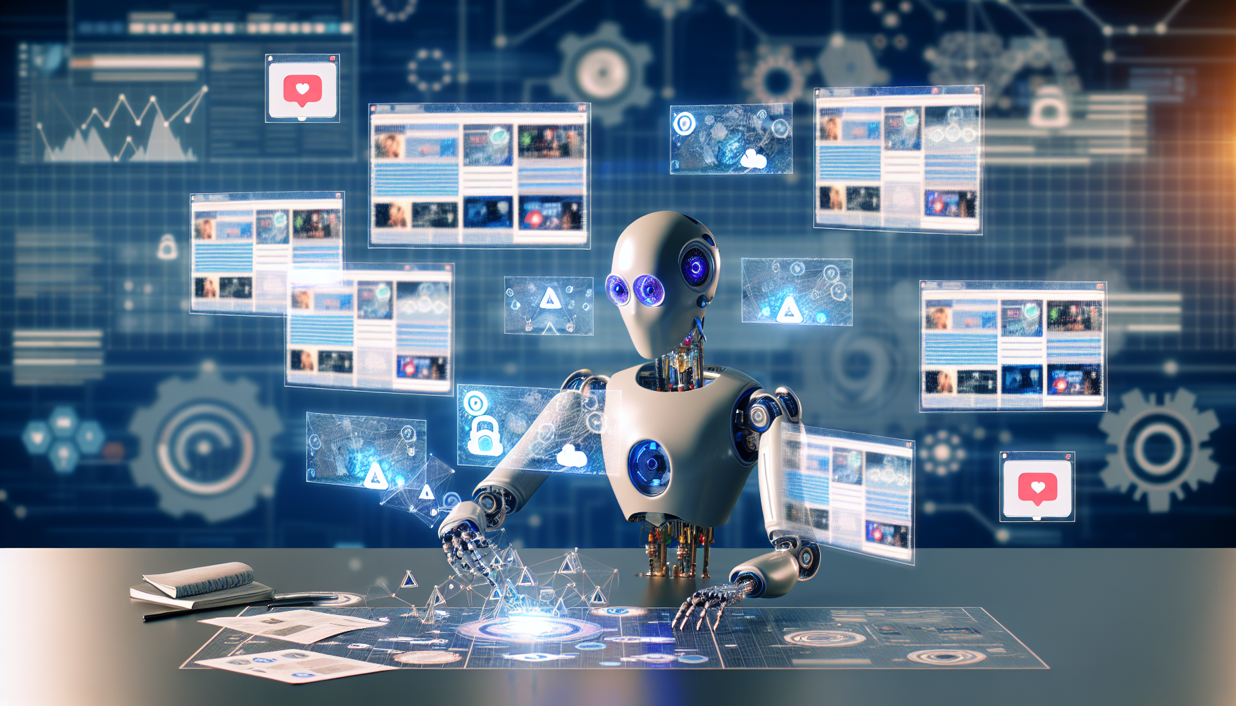 Visuelle Darstellung eines kÃ¼nstlichen Intelligenzsystems (KI), das Inhalte fÃ¼r soziale Medien erstellt. Die KI kÃ¶nnte als robotische EntitÃ¤t personifiziert werden, die in mehrere Bildschirme vertieft ist, die verschiedene soziale Medienplattformen anzeigen. Sie kÃ¶nnte dabei gezeigt werden, wie sie Trends analysiert, Grafiken entwirft, Texte generiert und BeitrÃ¤ge plant. Die Hintergrundumgebung kann futuristisch gestaltet sein, mit Elementen der Automatisierung und digitalen Schnittstellen. Vermeiden Sie die Darstellung von spezifischen Logos oder Marken von realen sozialen Medienplattformen.