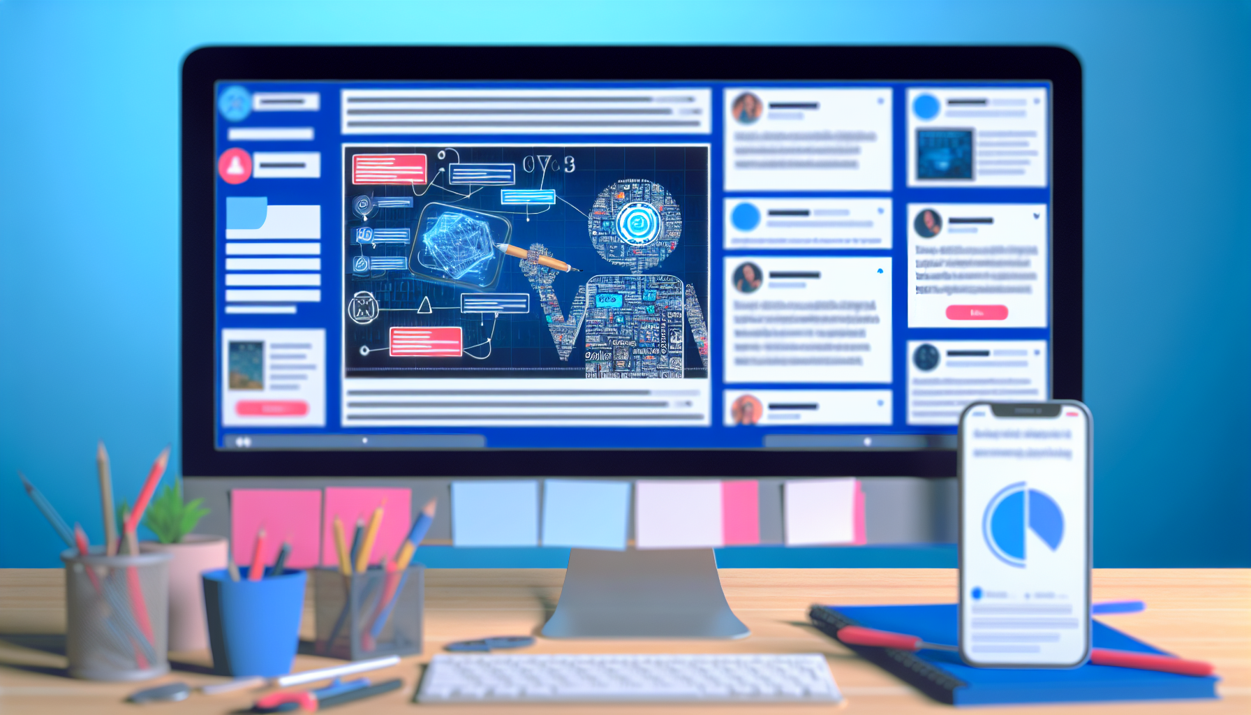 Erstellen Sie ein KI-Bild, das den Prozess der Erstellung von Inhalten fÃ¼r soziale Medien darstellt. Es sollte einen Computerbildschirm zeigen, auf dem verschiedene soziale Medienplattformen in Tabs geÃ¶ffnet sind. Der Bildschirm sollte eine Vielzahl von BeitrÃ¤gen anzeigen, die entworfen werden â€“ kurze Texte, Infografiken und Videos. AuÃŸerdem sollte ein Bild eines automatisierten Bots zu sehen sein, der den Erstellungsprozess unterstÃ¼tzt, mit verschiedenen Werkzeugen, die KreativitÃ¤t und ProduktivitÃ¤t anzeigen. Die Szene sollte ein Gleichgewicht zwischen menschlicher KreativitÃ¤t und der Effizienz von KI vermitteln.