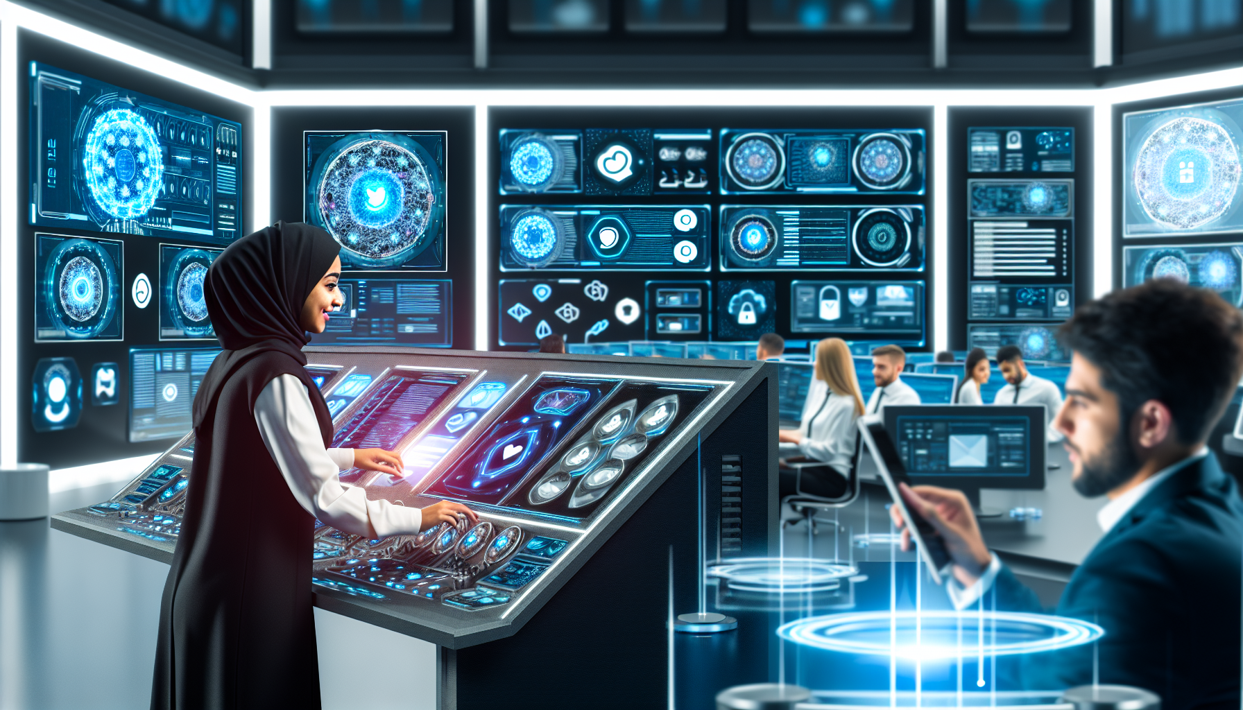 Erstellen Sie ein Bild, das die Erstellung von Inhalten fÃ¼r soziale Medien mithilfe von KÃ¼nstlicher Intelligenz demonstriert. Das Bild zeigt ein futuristisches, gut gestaltetes KI-Zentrum mit mehreren Bildschirmen, die verschiedene soziale Medienplattformen anzeigen. In der Mitte befindet sich ein Hauptkonsole, die von einer Technikerin mit mittlerer orientalischer Herkunft bedient wird. Sie passt die Einstellungen an und analysiert Datenmuster auf dem Hauptkontrollpanel. An ihrer Seite Ã¼berwacht ein kaukasischer mÃ¤nnlicher KI-Spezialist die automatisierte Inhaltserstellung und verfolgt den Fortschritt der KI auf einem Tablet-GerÃ¤t. Rundherum zeigen holografische Diagramme und Grafiken die Interaktionen und Engagements in sozialen Netzwerken in Echtzeit an.