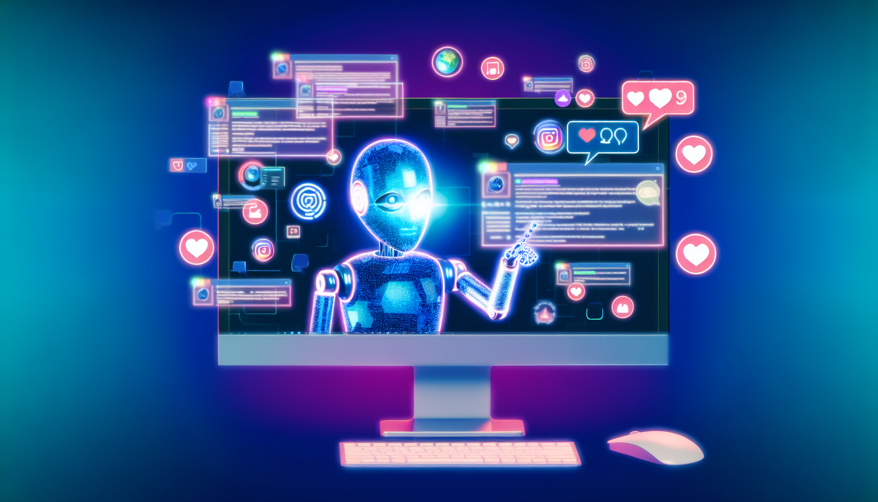 Erstellen Sie ein Bild, das kÃ¼nstliche Intelligenz darstellt, die Inhalte fÃ¼r soziale Medien generiert. Es kÃ¶nnte einen stilisierten modernen Computerbildschirm zeigen, der mit BeitrÃ¤gen, Likes und Kommentaren gefÃ¼llt ist, wÃ¤hrend ein cooles, elegantes KI-Symbol damit interagiert und die Inhalte verarbeitet. Die KI kÃ¶nnte einen holografischen Kopf haben, der einem herkÃ¶mmlichen Roboter Ã¤hnelt und mit Neonlichtern leuchtet, wÃ¤hrend sie an den Inhalten arbeitet. Integrieren Sie auch Elemente, die verschiedene soziale Medienplattformen reprÃ¤sentieren.