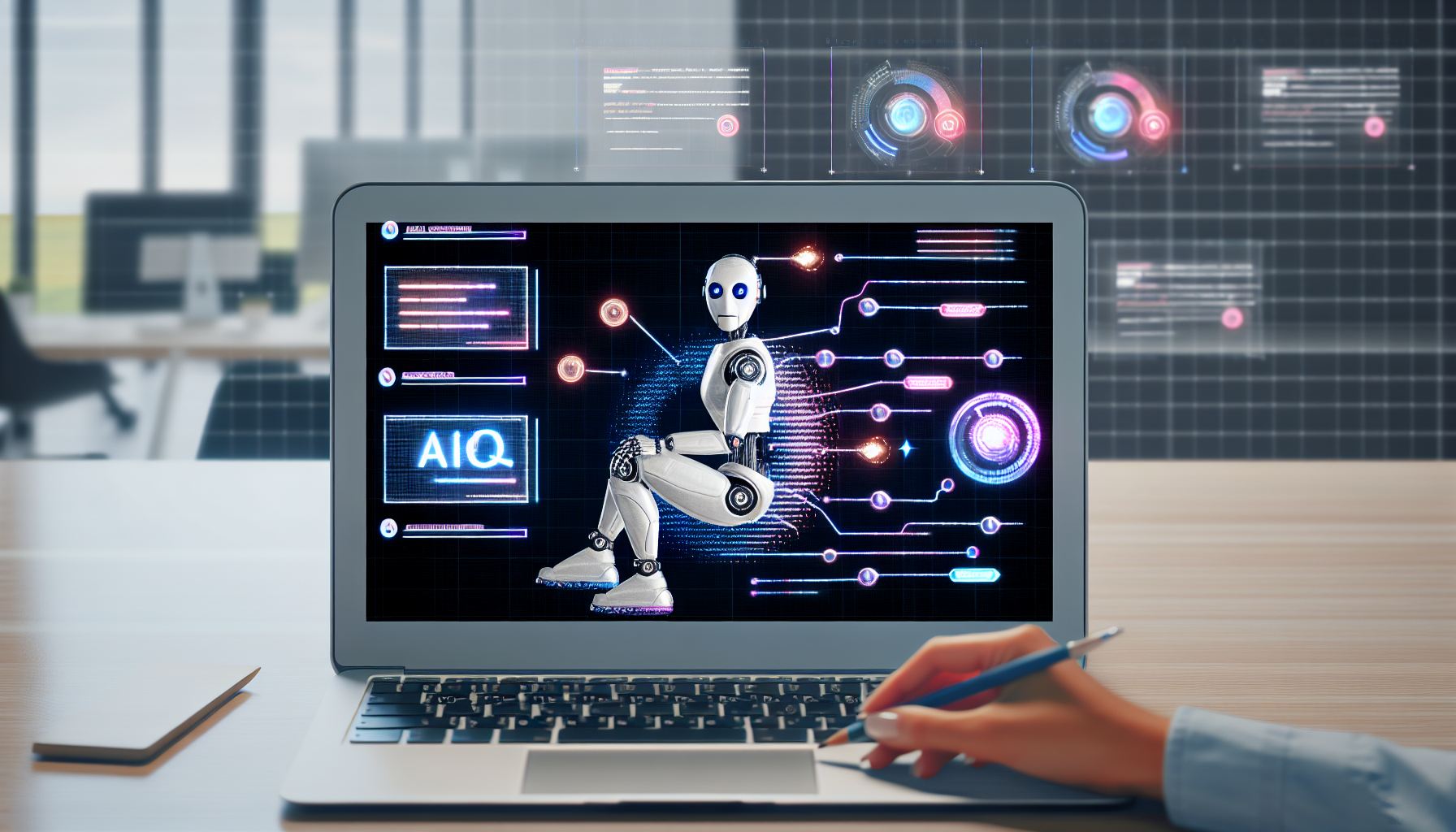 Erstellen Sie ein Bild, das die Nutzung von kÃ¼nstlicher Intelligenz zur Generierung von Inhalten fÃ¼r soziale Medien darstellt. Dies kÃ¶nnte eine futuristische, elegante BenutzeroberflÃ¤che auf dem Bildschirm eines Laptops zeigen, die Werkzeuge und Softwareelemente symbolisiert, die Datenanalyse, kreative Inhaltserstellung und Automatisierung darstellen. Vielleicht ein humanoider Roboter mit holografischen Datenprojektionen, die Analysen und Trends fÃ¼r BeitrÃ¤ge zeigen, oder eine Person mit undefiniertem Geschlecht und ethnischer Herkunft, die an einem Schreibtisch im BÃ¼ro sitzt und an einem Laptop arbeitet, der eine KI-gestÃ¼tzte Software zur Inhaltserstellung anzeigt.