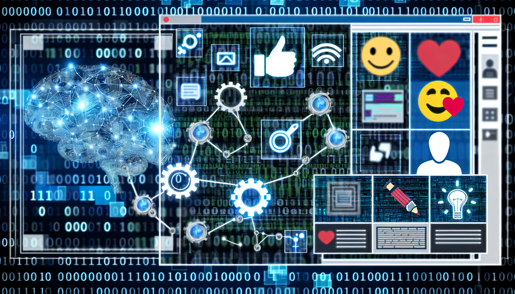 Erstellen Sie ein Bild, das eine konzeptionelle Darstellung von kÃ¼nstlicher Intelligenz zeigt, die Inhalte fÃ¼r soziale Medien erstellt. Das Bild sollte ikonische digitale und KI-Elemente wie neuronale Netzwerke und BinÃ¤rcode enthalten, sowie Symbole fÃ¼r soziale Medien wie Hashtags, Emoticons und â€žGefÃ¤llt mirâ€œ-Buttons. DarÃ¼ber hinaus sollte ein Bildschirm integriert sein, der eine futuristische KI-OberflÃ¤che anzeigt, mit zahlreichen Fenstern, die verschiedene Inhalte wie das Verfassen von BeitrÃ¤gen, das Gestalten von Bildern und das Streamen von Videos veranschaulichen.