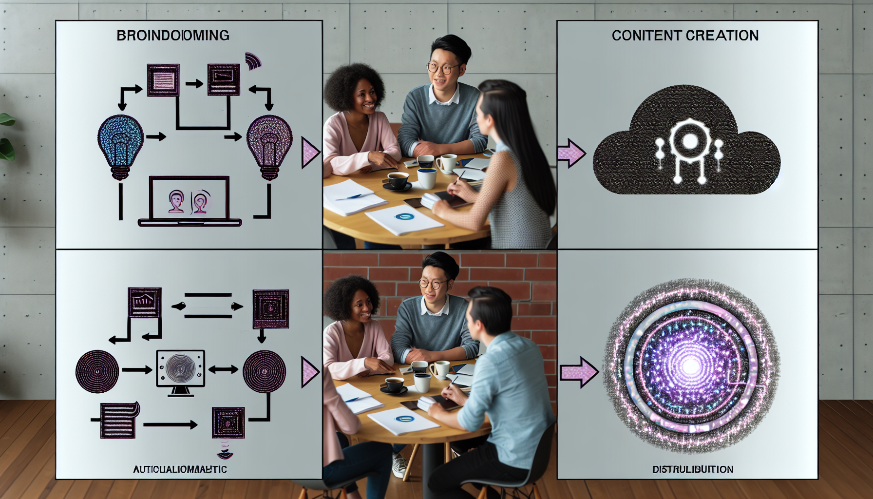 Erstellen Sie ein Bild, das den Prozess der Nutzung von kÃ¼nstlicher Intelligenz zur Erstellung von Inhalten fÃ¼r soziale Medien veranschaulicht. Stellen Sie es sich als Flussdiagramm oder Fortschrittsgrafik vor. Beginnen Sie mit dem Brainstorming-Schritt, bei dem eine Gruppe von vielfÃ¤ltigen Personen versammelt ist, darunter eine ostasiatische Frau und ein hispanischer Mann. Sie diskutieren Ideen an einem runden Tisch mit einem Laptop, Papieren und Kaffeetassen. Der zweite Schritt ist die Phase der Inhaltserstellung, in der KI-Algorithmen verwendet werden, visualisiert als pulsierende Lichtpfade, die durch geometrische Formen verarbeitet werden. SchlieÃŸlich die Verteilungsphase, in der die erstellten Inhalte Ã¼ber verschiedene soziale Medienplattformen verbreitet werden, dargestellt durch stilisierte Icons.
