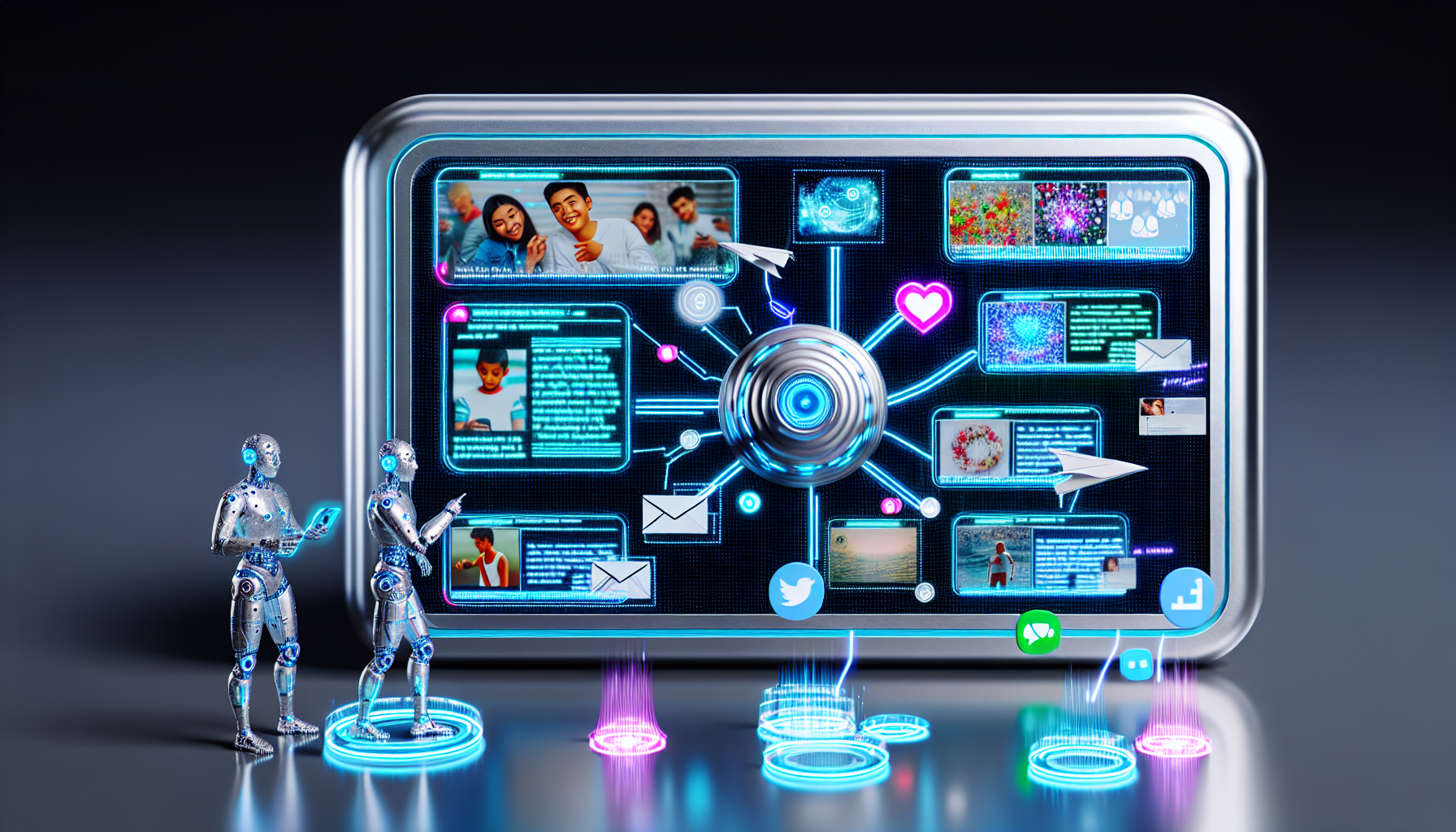 Stellen Sie sich ein futuristisches kÃ¼nstliches Intelligenzsystem vor, das Inhalte fÃ¼r soziale Medien generiert. Die BenutzeroberflÃ¤che der KI ist silbern und elegant, mit neonblauen DatenstrÃ¶men und holografischen Projektionsbildschirmen. Eine Vielfalt von Inhalten wird in diesen StrÃ¶men angezeigt: Urlaubsfotos, trendige Memes, motivierende Zitate und kurze Nachrichtenartikel. Zwei virtuelle Assistenten, ein mÃ¤nnlicher sÃ¼dasiatischer Charakter und ein weiblicher kaukasischer Charakter, sind zu sehen, wie sie diese DatenstrÃ¶me verwalten und organisieren, wÃ¤hrend eine Vielzahl von sozialen Medien-Icons in der Luft schwebt.