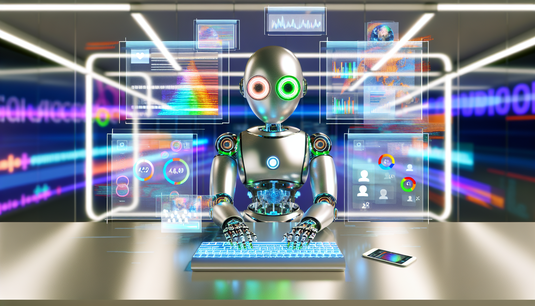 Visuelle Darstellung von kÃ¼nstlicher Intelligenz, die Inhalte fÃ¼r soziale Medien erstellt. Ein Roboter mit metallischer Haut, grÃ¼nen LED-Augen und beleuchteten weiÃŸen Symbolen auf seinem KÃ¶rper sitzt an einem futuristischen Schreibtisch mit mehreren transparenten holografischen Bildschirmen. Hinter ihm befindet sich eine Wand, die dynamische Grafiken und Hashtags darstellt und das Universum der sozialen Medien symbolisiert. Der Roboter tippt auf einer holografischen Tastatur, wÃ¤hrend er auf einem Bildschirm Datenstatistiken analysiert, auf einem anderen ein farbenfrohes Bild bearbeitet und gleichzeitig auf einem dritten Bildschirm Kommentare beantwortet. Alles in einer modernen, polierten Umgebung eingerahmt.