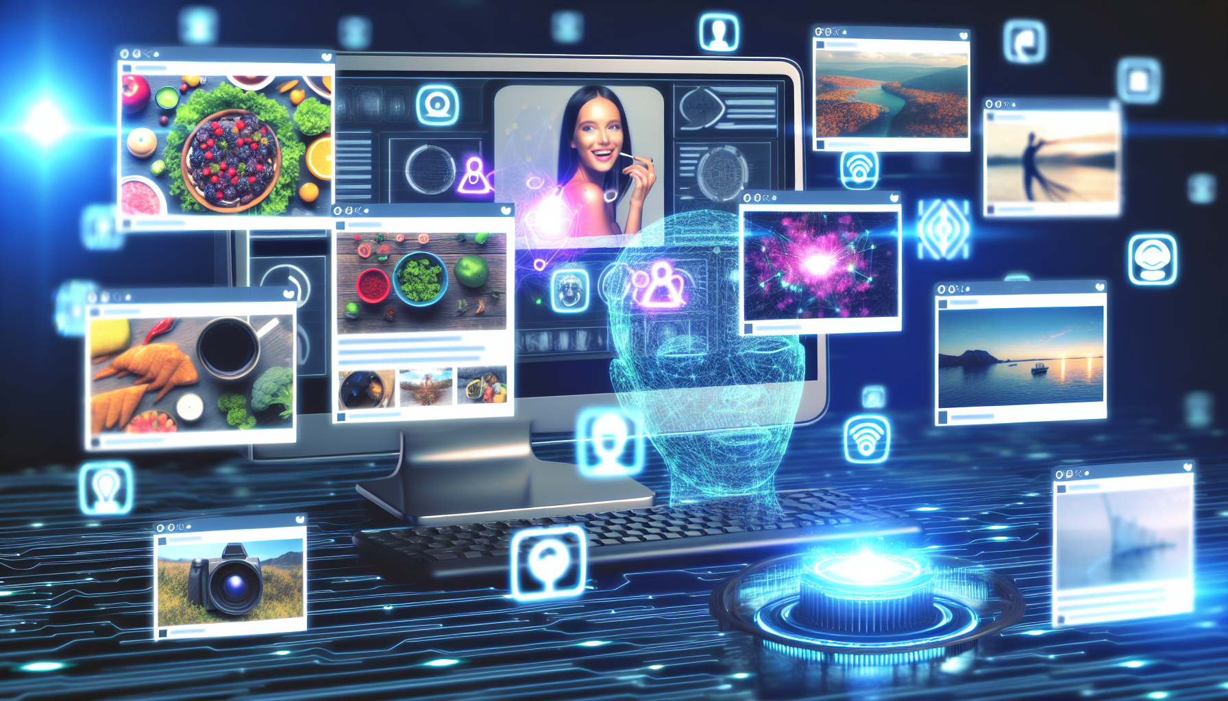 Erstellen Sie ein Bild, das kÃ¼nstliche Intelligenz darstellt, die Inhalte fÃ¼r soziale Medien erstellt. Es ist ein futuristisches Konzept mit stilvollen Schnittstellen und holografischen Bildschirmen, die um ein elegantes, fortschrittliches Computersystem schweben. Fantasievolle Algorithmen, dargestellt durch leuchtende Symbole, werden verarbeitet, und ansprechende Social-Media-BeitrÃ¤ge erscheinen auf den Bildschirmen, die verschiedene Themen wie Essen, Reisen, Technik, Mode und Natur umfassen. Die BeitrÃ¤ge zeigen Menschen unterschiedlicher Geschlechter und ethnischer HintergrÃ¼nde, die an einer Vielzahl von AktivitÃ¤ten teilnehmen.