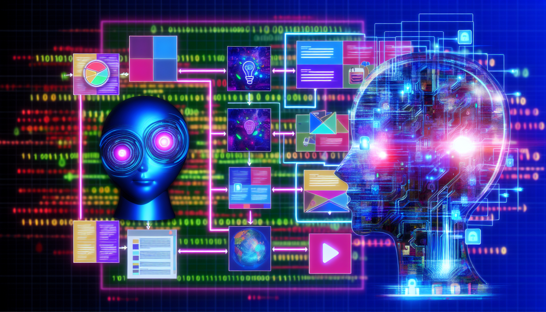 Erstellen Sie eine Illustration eines kÃ¼nstlichen Intelligenzsystems, das Inhalte fÃ¼r soziale Medien entwirft. Die KI sollte als abstrakte Maschine dargestellt werden, mit leuchtenden Schaltkreisen und sichtbaren BinÃ¤rcode-StrÃ¶men. Die von ihr erstellten Inhalte sollten bunt und innovativ sein und eine Vielzahl von BeitrÃ¤gen umfassen, wie kurze Nachrichten, Bildcollagen und Video-Thumbnails. Im Hintergrund sollte ein Flussdiagramm zu sehen sein, das den Denkprozess und die Entscheidungsfindung der KI darstellt. Das Farbschema sollte von Blau- und LilatÃ¶nen dominiert werden, um eine futuristische und digitale Ã„sthetik zu erzeugen.