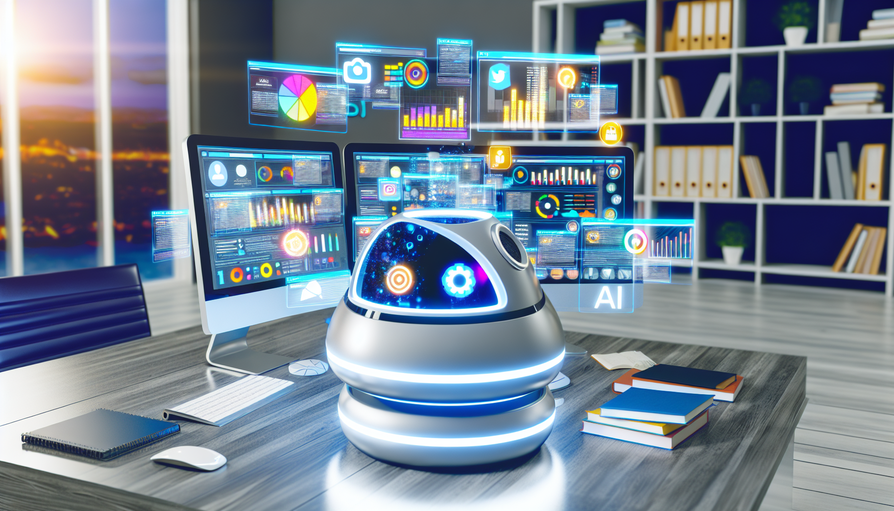 Eine KI-Maschine sitzt in einem gut organisierten BÃ¼ro und verarbeitet sowie generiert verschiedene Arten von Inhalten fÃ¼r soziale Medien, wie Instagram-BeitrÃ¤ge, Tweets und Facebook-Updates. Die KI-Maschine ist ein schlankes, futuristisches GerÃ¤t mit mehreren Monitoren, die verschiedene soziale Medienplattformen anzeigen. Sie verfÃ¼gt Ã¼ber eine Tastatur, eine Maus und einen Touchscreen zur Interaktion. Helle Infografiken leuchten auf den Bildschirmen und zeigen verschiedene Statistiken zu den sozialen Medienprofilen, die sie verwaltet. Der Raum ist mit BÃ¼chern Ã¼ber digitales Marketing und soziale Medien gefÃ¼llt, und es gibt einen virtuellen Assistenten, der in der Luft projiziert wird und der KI hilft, die Inhalte zu optimieren.