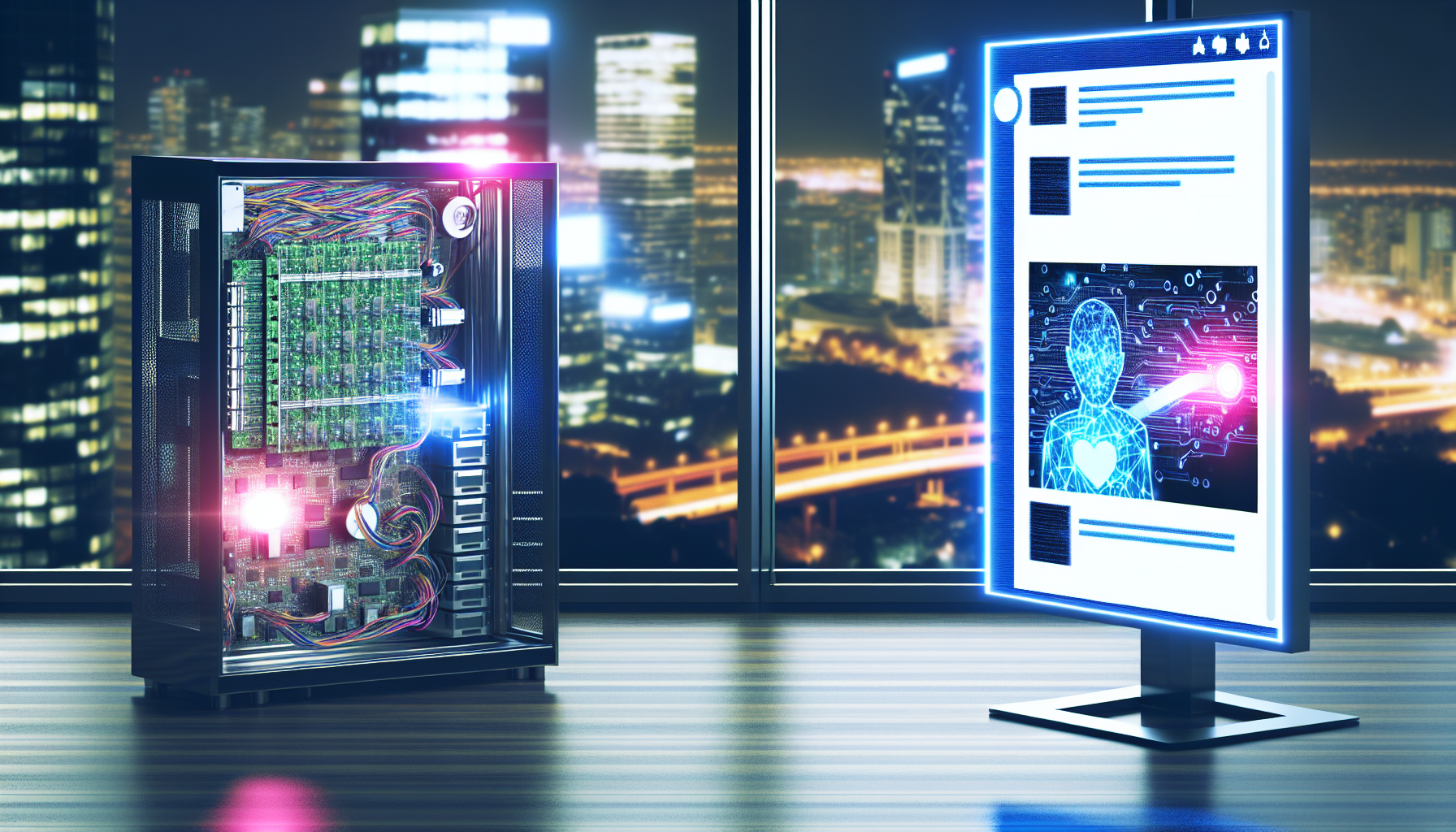 Stellen Sie sich ein KI-System vor, das eifrig daran arbeitet, Inhalte fÃ¼r soziale Medien zu erstellen. Auf der linken Seite sehen Sie das Computersystem mit seinen komplexen Schaltkreisen, wÃ¤hrend Sie auf der rechten Seite die Ausgabe beobachten kÃ¶nnen â€“ einen Social-Media-Beitrag, der sich darauf vorbereitet, live zu gehen. Der Beitrag kÃ¶nnte eine Mischung aus Bildern und Text sein, etwas Ansprechendes und Interessantes, das die Zuschauer anzieht. Das gesamte Setup befindet sich in einem hochmodernen futuristischen BÃ¼ro mit groÃŸen Glasfenstern, die einen Blick auf die Stadtlandschaft bieten. DrauÃŸen ist Nacht, und die Stadt leuchtet in einer Vielzahl von bunten Lichtern, was die kontrastreiche SchÃ¶nheit der Szene unterstreicht.