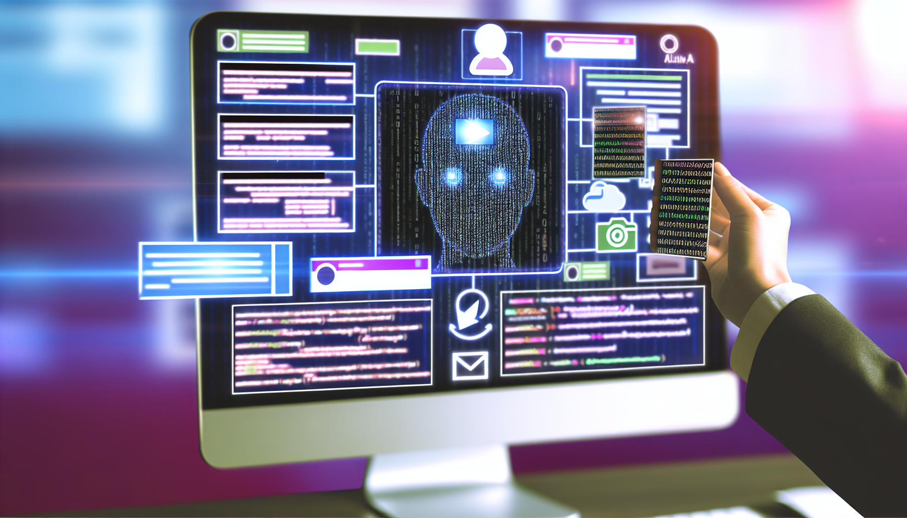 Erstellen Sie ein Bild, das den Prozess der Nutzung von kÃ¼nstlicher Intelligenz zur Generierung von Inhalten fÃ¼r soziale Medien darstellt. KI-Programme sollten auf einem Computerbildschirm angezeigt werden, mit grafisch manifestierenden Codes und Algorithmen. FÃ¼gen Sie Visualisierungen hinzu, die verschiedene Arten von digitalen Inhalten reprÃ¤sentieren, wie BlogbeitrÃ¤ge, Social-Media-Posts, Bilder und Videos, die alle von dem KI-Programm erstellt und optimiert werden.