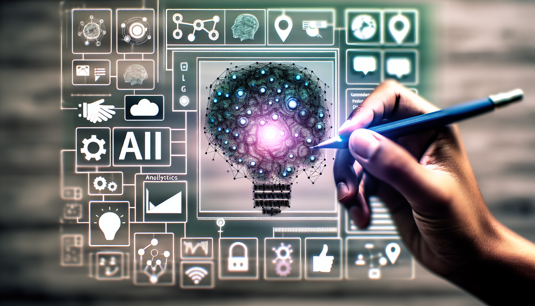 Erstellen Sie ein Bild, das das Konzept der kÃ¼nstlichen Intelligenz zeigt, die Inhalte fÃ¼r soziale Medien generiert. Zeigen Sie eine detaillierte BenutzeroberflÃ¤che einer Softwareanwendung mit Funktionen wie Inhaltsempfehlungen, Analysen und intelligenten Automatisierungstools. Stellen Sie sicher, dass verschiedene Symbole und grafische Darstellungen, die typischerweise mit KI und sozialen Medien verbunden sind, wie Symbole fÃ¼r neuronale Netzwerke, Internetverbindungen und Logos beliebter sozialer Plattformen, enthalten sind.