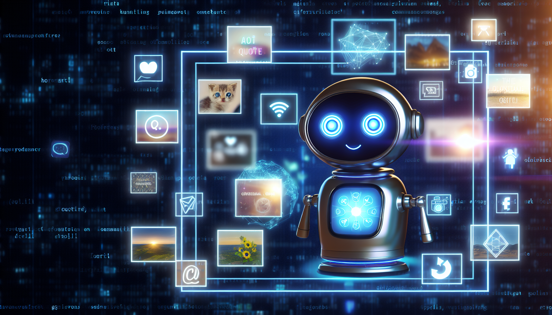 Erstellen Sie ein Bild, das das Konzept der Nutzung von kÃ¼nstlicher Intelligenz zur Erstellung von Inhalten fÃ¼r soziale Medien veranschaulicht. Es zeigt einen KI-Bot, der als moderne Maschine mit leuchtenden Bildschirmen und futuristischen Symbolen dargestellt wird und verschiedene Arten von Inhalten fÃ¼r soziale Medien generiert, wie motivierende Zitate, niedliche Tierbilder, Reisefotos und mehr. Diese Ausgaben werden als schwebende Hologramme oder auf den Bildschirmen angezeigt. Im Hintergrund sind schwache Symbole beliebter sozialer Medien zu sehen, wie der Vogel, der Mikroblogging symbolisiert, und ein Kamera-Icon fÃ¼r das Teilen von Fotos. Denken Sie daran, ein visuell ansprechendes, elegantes und dennoch zugÃ¤ngliches GefÃ¼hl fÃ¼r das Bild zu bewahren.
