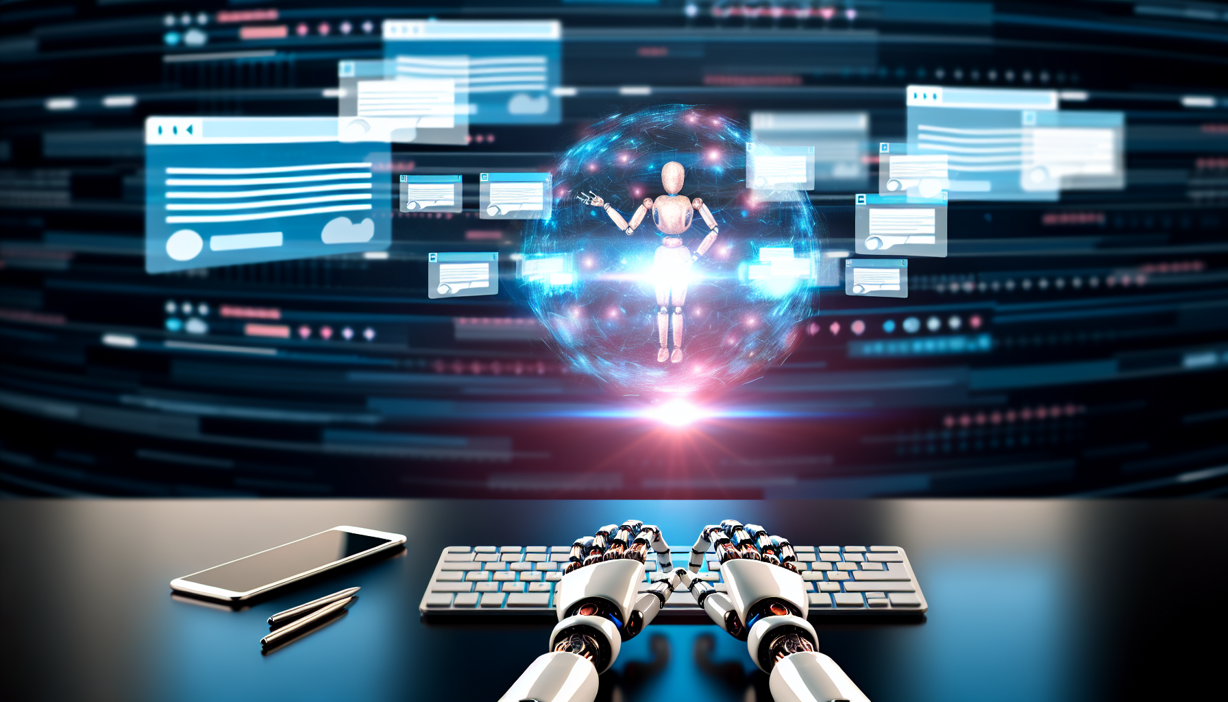 Eine visuelle Darstellung von kÃ¼nstlicher Intelligenz, die Inhalte fÃ¼r soziale Medien erstellt. Dies kÃ¶nnte durch futuristische Roboterarme illustriert werden, die auf einer modernen Computertastatur tippen, oder durch eine schwebende EnergiesphÃ¤re, die holografische Schnittstellen mit BlogbeitrÃ¤gen, Memes und Nachrichtenaktualisierungen projiziert. Der Hintergrund kann ein eleganter, beleuchteter Kontrollraum sein. Die AtmosphÃ¤re ist fokussiert und dynamisch und deutet auf die rasante Innovation und das schnelle Wachstum hin, die die heutige digitale Landschaft prÃ¤gen.