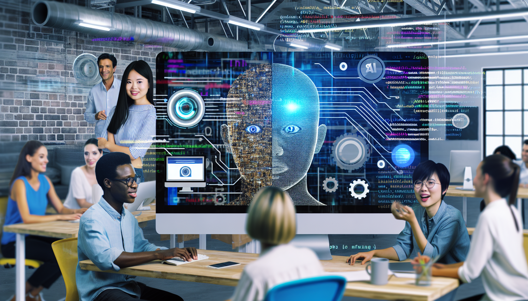 Stellen Sie den Prozess der Erstellung von Inhalten fÃ¼r soziale Medien mit Hilfe von kÃ¼nstlicher Intelligenz dar. Zeigen Sie eine moderne Arbeitsplatzumgebung mit einem hochmodernen Computer. Auf dem Computerbildschirm sollten visuelle Elemente zu sehen sein, die auf KI-Technologie hinweisen; vielleicht Zeilen von Code, prÃ¤diktiven Text und integrierte Software. Stellen Sie eine vielfÃ¤ltige Gruppe von Menschen dar, die mit dem System interagieren und die Konzepte von Zusammenarbeit und Innovation visualisieren. Dazu gehÃ¶rt eine asiatische Frau, die die leitende Programmiererin ist, ein hispanischer Mann, der der visuelle Designer ist, und ein afrikanischer Mann, der der Content-Strategist ist. Alle sind leidenschaftlich in den kreativen Prozess eingebunden.