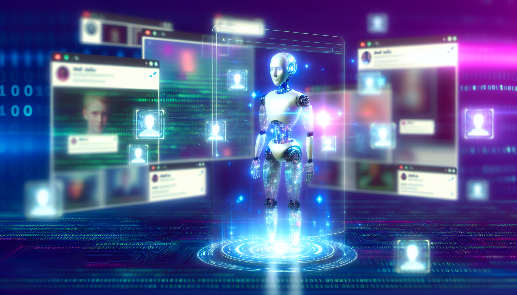 Erstellen Sie ein Bild, das das Konzept der kÃ¼nstlichen Intelligenz zeigt, die Inhalte fÃ¼r soziale Medien generiert. Visualisieren Sie einen futuristischen und eleganten, KI-gesteuerten Roboter, umgeben von digitalen Bildschirmen, die eine Vielzahl von reichhaltigen und ansprechenden Social-Media-BeitrÃ¤gen anzeigen. Der Roboter hat leuchtende Schaltkreise und arbeitet aktiv an einer durchsichtigen Touchscreen-OberflÃ¤che. Der Hintergrund ist abstrakt und mit BinÃ¤rcode gefÃ¼llt, um das digitale Reich darzustellen.