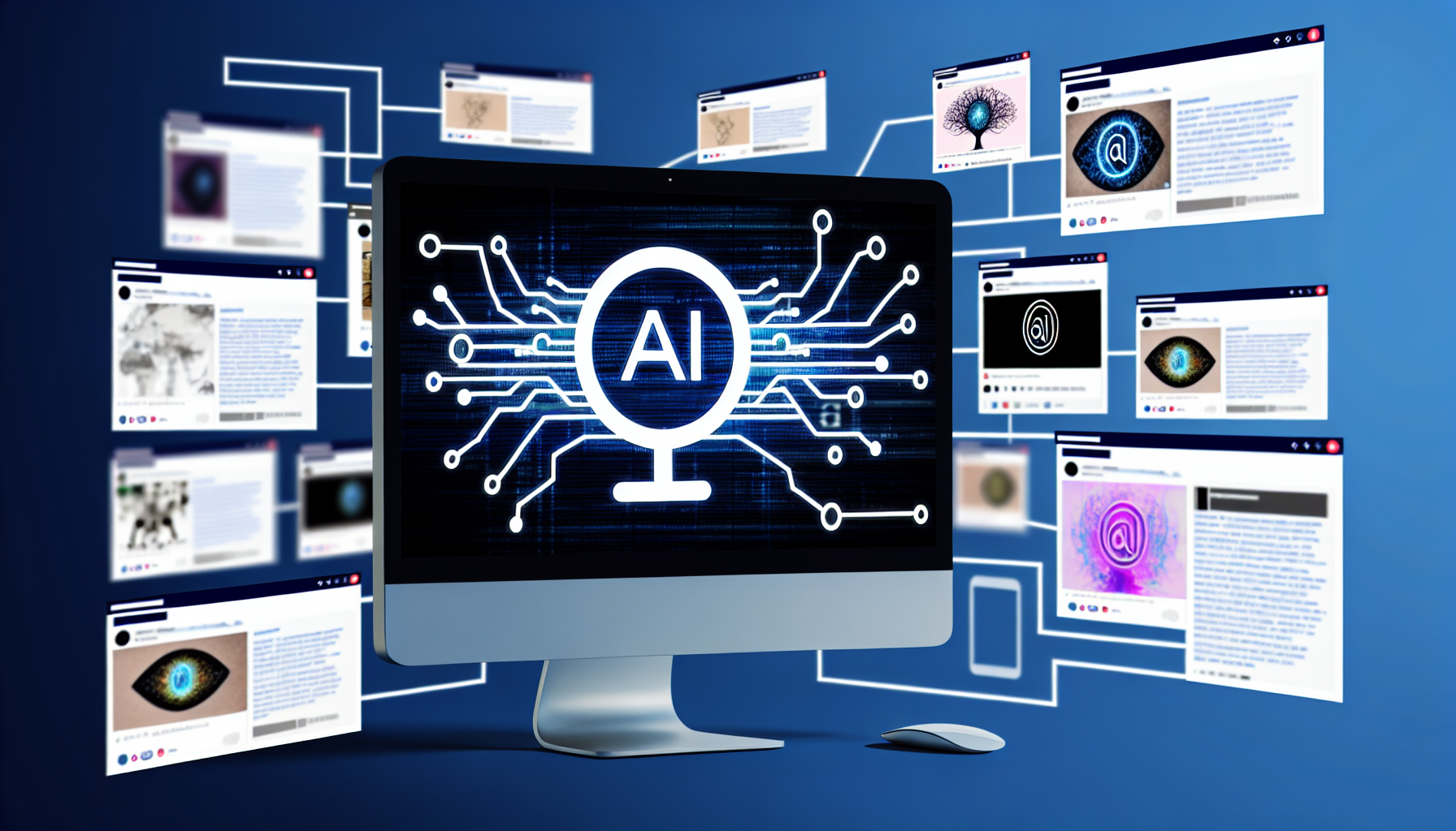 Erstellen Sie ein Bild, das die Nutzung von kÃ¼nstlicher Intelligenz bei der Erstellung von Inhalten fÃ¼r soziale Medien demonstriert. Zeigen Sie einen Computer mit einem KI-Logo auf dem Bildschirm, zusammen mit verschiedenen Beispielen von Social-Media-BeitrÃ¤gen auf benachbarten Bildschirmen. Diese kÃ¶nnten Bilder, kurze Videoausschnitte, TextbeitrÃ¤ge und Illustrationen umfassen. Das KI-Logo sollte so dargestellt werden, als ob es diese Inhalte steuert oder generiert, mÃ¶glicherweise mit symbolischen Tentakeln oder Linien, die sich von ihm zu jedem Beitrag erstrecken. Stellen Sie sicher, dass alle Texte auf Englisch sind.