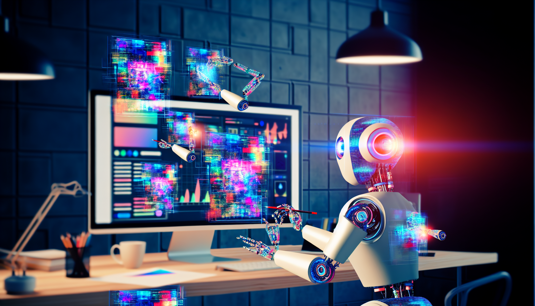 Generiere ein Bild von kÃ¼nstlicher Intelligenz, die Inhalte fÃ¼r soziale Medien erstellt. Stelle eine futuristische, intelligente Maschine an einem Schreibtisch dar, die einen lebendigen, bunten Beitrag fÃ¼r eine Social-Media-Plattform gestaltet. Die KI hat mehrere Arme, von denen jeder eine andere Aufgabe erfÃ¼llt, wie Tippen, Skizzieren und Anpassen von Grafiken auf einem holografischen Bildschirm. Der Raum hat eine leicht dunkle AtmosphÃ¤re, die im Kontrast zur hellen Lumineszenz der Monitore und Bildschirme steht.