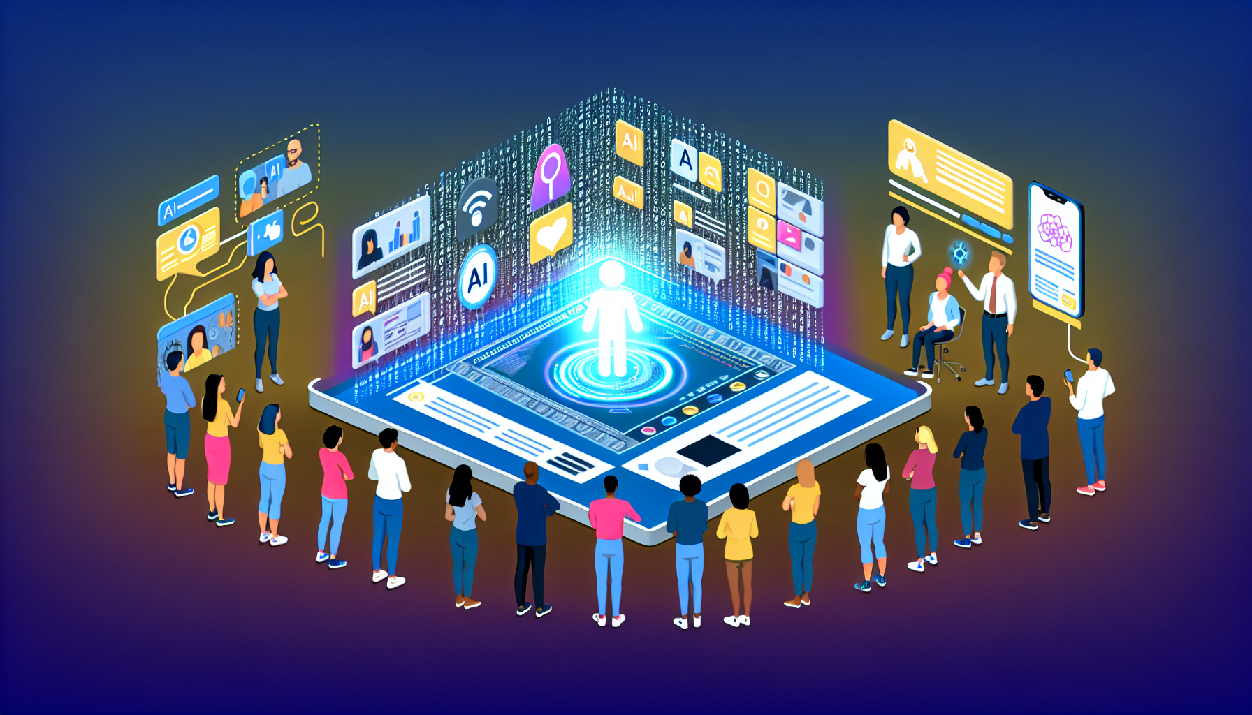 Eine Illustration, die den Prozess der Erstellung von Inhalten fÃ¼r soziale Medien mit kÃ¼nstlicher Intelligenz zeigt. Die Szene sollte eine vielfÃ¤ltige Gruppe von Menschen rund um einen groÃŸen Touchscreen-Tisch darstellen. Sie beobachten, wie die KI-Technologie, dargestellt durch ein leuchtendes KI-Emblem, eine Vielzahl von ansprechenden BeitrÃ¤gen generiert, die fÃ¼r verschiedene Plattformen geeignet sind. Die generierten BeitrÃ¤ge sollten Infografiken, TextbeitrÃ¤ge und visuell ansprechende Illustrationen umfassen. AuÃŸerdem sollte eine Reihe von BinÃ¤rcode und algorithmischen Linien, die vom KI-Emblem ausgehen, dargestellt werden, um die Funktionsweise der KI zu verdeutlichen. Dies sollte das Konzept von virtuellem Teamwork und Automatisierung in der Inhaltserstellung einfangen.