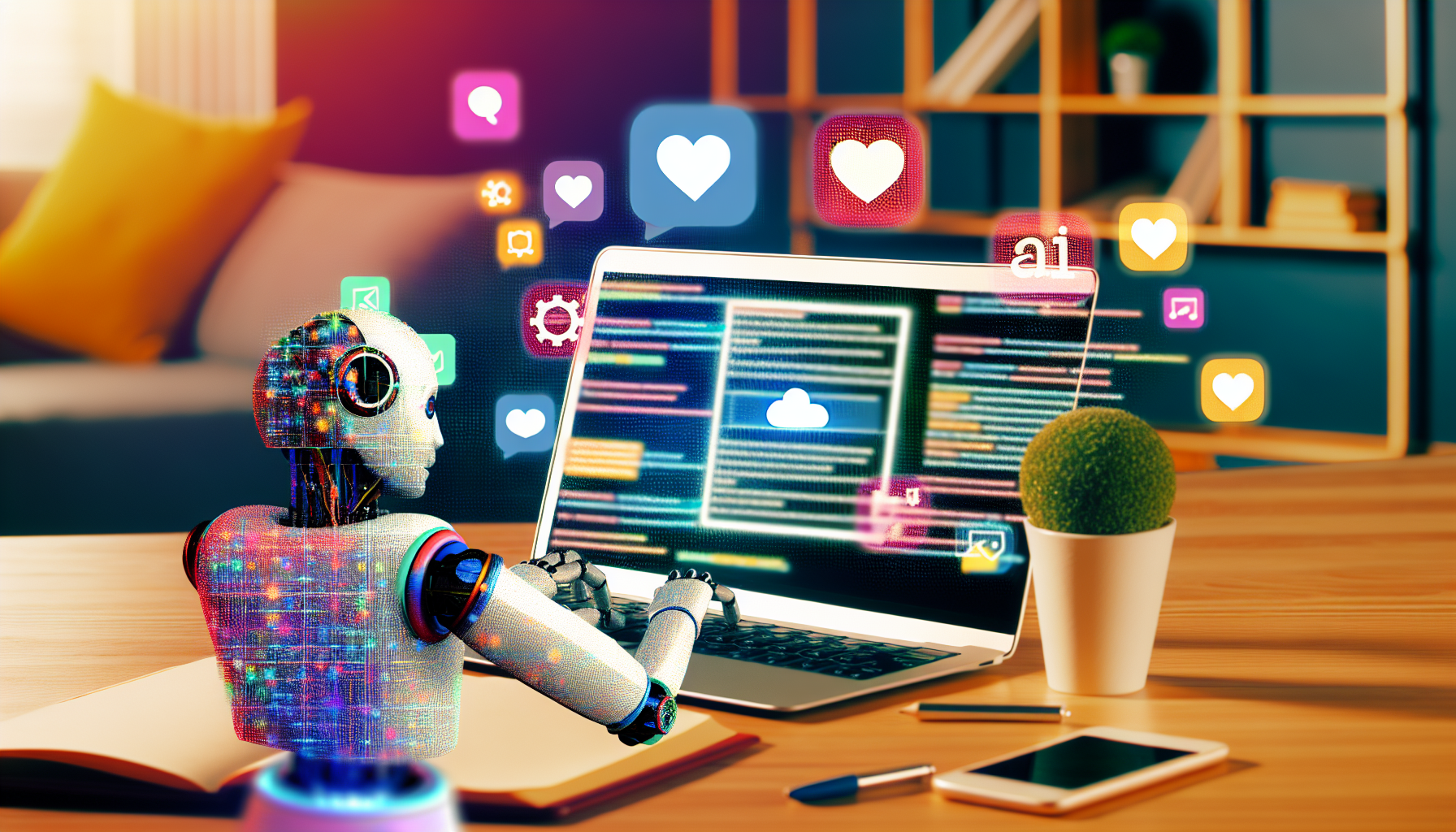 Erstellen Sie ein Bild, das das Konzept der Erstellung von Inhalten fÃ¼r soziale Medien mithilfe von kÃ¼nstlicher Intelligenz darstellt. FÃ¼gen Sie visuelle Elemente wie einen Computerbildschirm hinzu, der einen automatisch generierten Social-Media-Beitrag anzeigt, einen KI-Roboter, der auf einer Laptop-Tastatur tippt, sowie verwandte Symbole wie Kommentar-, Like- und Teilen-Symbole. Verwenden Sie lebendige Farben, um KreativitÃ¤t und technologischen Einfluss zu symbolisieren. Integrieren Sie eine Hintergrundszene wie ein modernes, gemÃ¼tliches BÃ¼ro, um eine vollstÃ¤ndige Darstellung zu bieten.