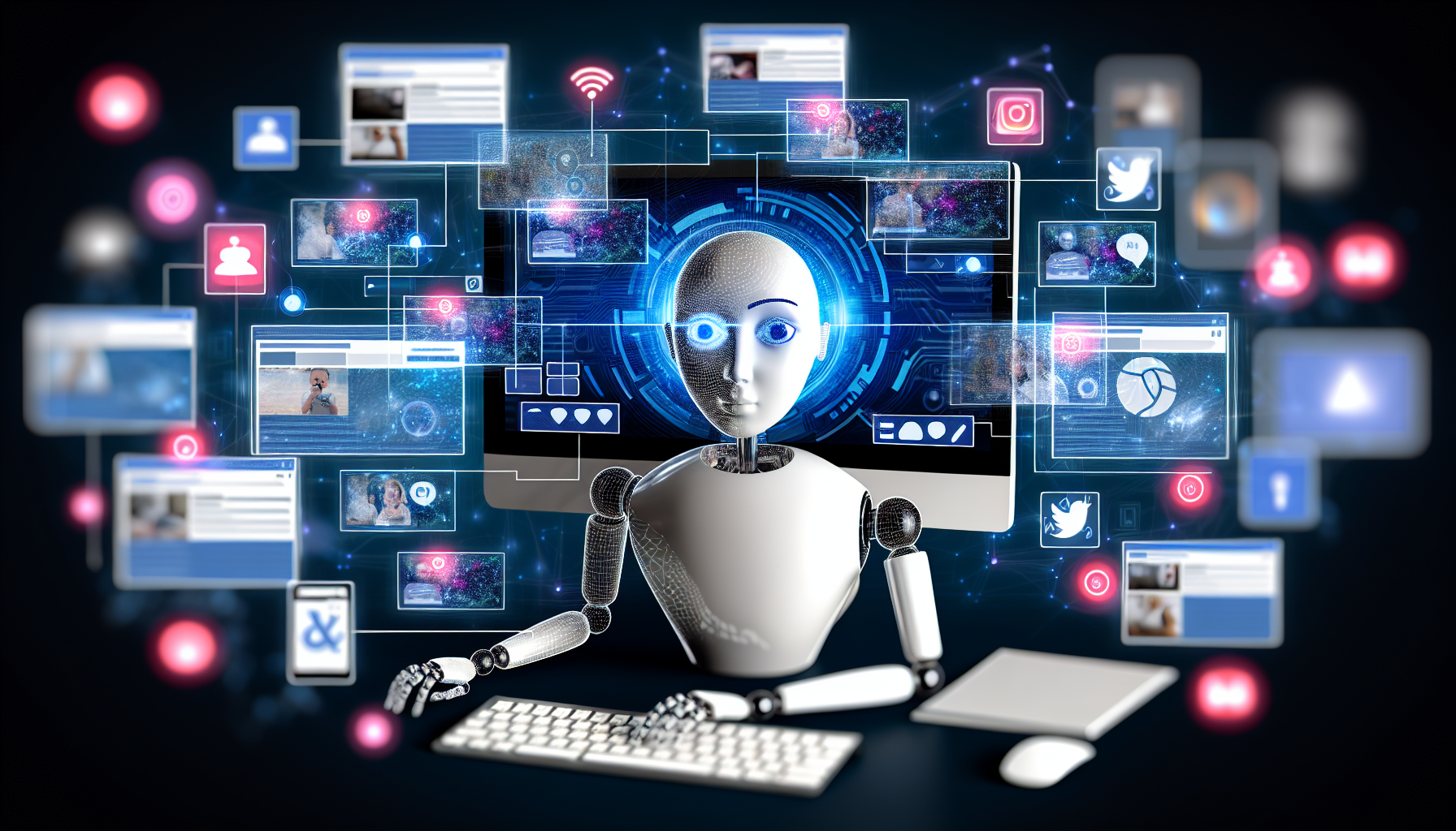 Erstellen Sie ein Konzept fÃ¼r die Nutzung von kÃ¼nstlicher Intelligenz zur Erstellung von Inhalten fÃ¼r soziale Medien. Das Bild sollte einen virtuellen Assistenten an einem Computer zeigen, umgeben von verschiedenen InhaltsstrÃ¶men wie Bildern, Videos, TextbeitrÃ¤gen und Infografiken. Der virtuelle Assistent kÃ¶nnte durch ein 3D-Modell dargestellt werden, vorzugsweise in humanoider Form, und mit verschiedenen Arten von Inhalten interagieren, wÃ¤hrend futuristische Schnittstellenelemente um ihn herum angeordnet sind.