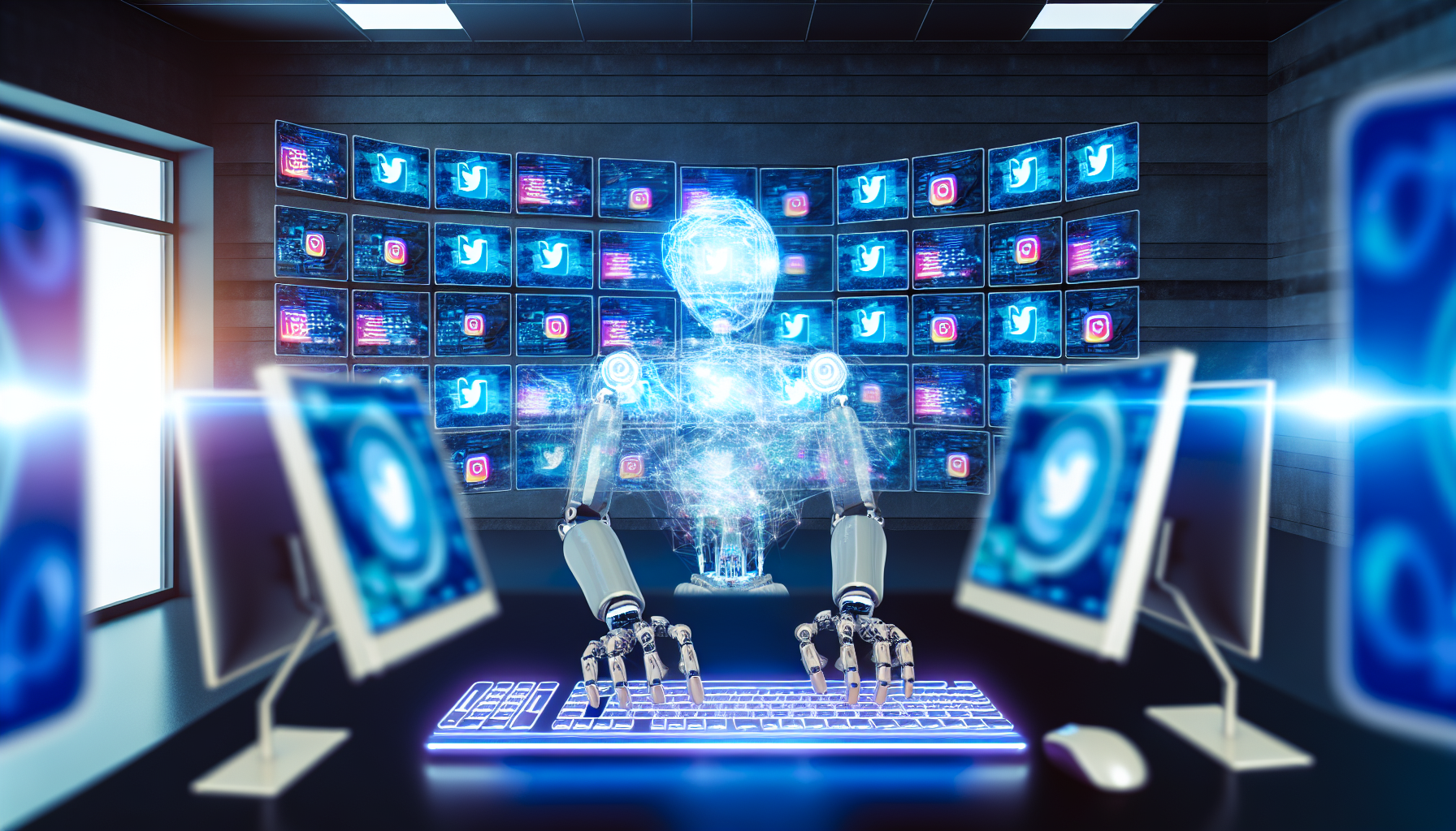 Erstellen Sie ein Bild, das das Konzept der kÃ¼nstlichen Intelligenz zeigt, die Inhalte fÃ¼r soziale Medien erstellt. Stellen Sie sich einen gerÃ¤umigen Raum vor, der mit hochmodernen Computerbildschirmen gefÃ¼llt ist, die verschiedene soziale Medienplattformen anzeigen. Visualisieren Sie einen Roboter mit menschenÃ¤hnlichen HÃ¤nden, der auf einer futuristischen Tastatur tippt, umgeben von einem leuchtenden Fluss von Daten und Informationen. Der Raum sollte schwach beleuchtet sein und eine futuristische AtmosphÃ¤re haben.