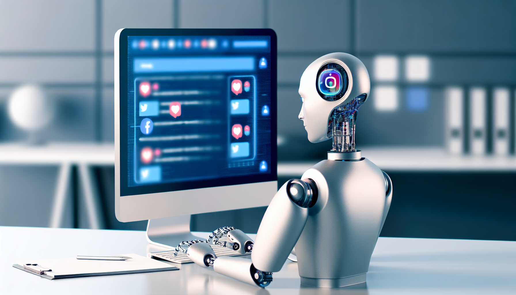 Erstellen Sie ein Bild, das das Konzept der Nutzung von kÃ¼nstlicher Intelligenz zur Erstellung von Inhalten fÃ¼r soziale Medien darstellt. Dies kÃ¶nnte einen humanoiden Roboter zeigen, der an einem Computer sitzt und BeitrÃ¤ge auf einer BenutzeroberflÃ¤che fÃ¼r soziale Medien verfasst. Der Roboter sollte schlank und futuristisch sein, um den technologischen Fortschritt zu verdeutlichen, mit einem Bildschirm, der verschiedene Symbole sozialer Medien anzeigt. Die Umgebung kÃ¶nnte ein modernes Arbeitsumfeld mit eleganten, minimalistischen MÃ¶beln sein.