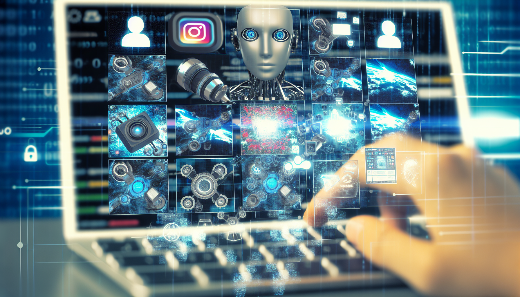 Erstellen Sie ein Bild, das die Erstellung von Inhalten fÃ¼r soziale Medien mithilfe von kÃ¼nstlicher Intelligenz darstellt. Integrieren Sie Darstellungen futuristischer Maschinen, Algorithmen und digitaler Schnittstellen, die durch verschiedene soziale Medienplattformen wie Nachrichtenfeeds, Bildgalerien und Video-Streams navigieren und interagieren.