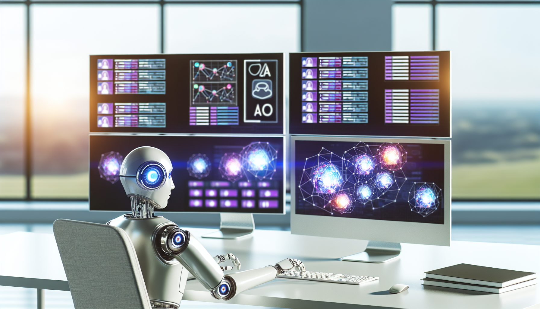Erstellen Sie ein Bild, das das Konzept der Generierung von Inhalten für soziale Medien mithilfe von künstlicher Intelligenz darstellt. Stellen Sie einen futuristischen, sauberen Arbeitsplatz dar, an dem mehrere Monitore verschiedene Arten von Inhalten für soziale Medien anzeigen. Auf einem Bildschirm sollte eine KI-Softwareoberfläche mit Algorithmen zur Optimierung von Social-Media-Beiträgen zu sehen sein. Fügen Sie einen humanoiden Roboter hinzu, der am Arbeitsplatz sitzt und mit den Systemen interagiert. Der Roboter kann silberfarben sein mit leuchtenden, hellen Augen, die zeigen, dass er gerade aktiv ist.