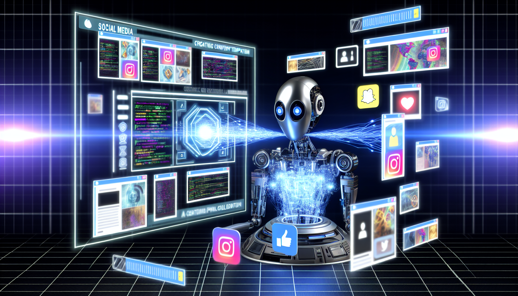 Erzeuge ein Bild einer kÃ¼nstlichen Intelligenz, die Inhalte fÃ¼r soziale Medien erstellt. Die KI kÃ¶nnte als schlanke, hochmoderne Computerstation dargestellt werden, die engagierende visuelle Inhalte fÃ¼r eine Social-Media-Plattform erstellt. Umgebende holographische Bildschirme zeigen verschiedene Vorlagen fÃ¼r Social-Media-Posts, darunter Bilder, kurze Videos und GIFs. Lichtstrahlen und Codierungssequenzen strahlen von dem KI-System aus, um den Prozess der Inhaltserstellung zu symbolisieren. Die allgemeine Stimmung der Szene sollte energetisch und futuristisch sein.