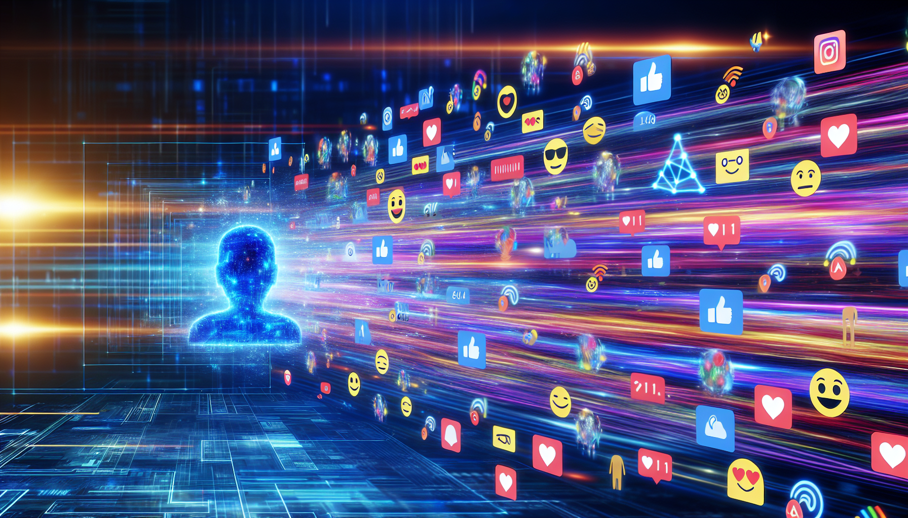 Erstellen Sie ein Bild, das eine futuristische kÃ¼nstliche Intelligenz-Schnittstelle mit vielfÃ¤ltigen Inhalten aus sozialen Medien darstellt. Die Schnittstelle sollte flieÃŸende DatenstrÃ¶me visualisieren, einschlieÃŸlich Emojis, Texten, Bildern und Hashtags. Die KI sollte dabei gezeigt werden, wie sie die Muster analysiert, unter Verwendung von bunten Grafiken und dynamischen Symbolen. Es sollten jedoch keine identifizierbaren persÃ¶nlichen Daten oder menschlichen Figuren auf der Schnittstelle sichtbar sein, um die PrivatsphÃ¤re zu respektieren.