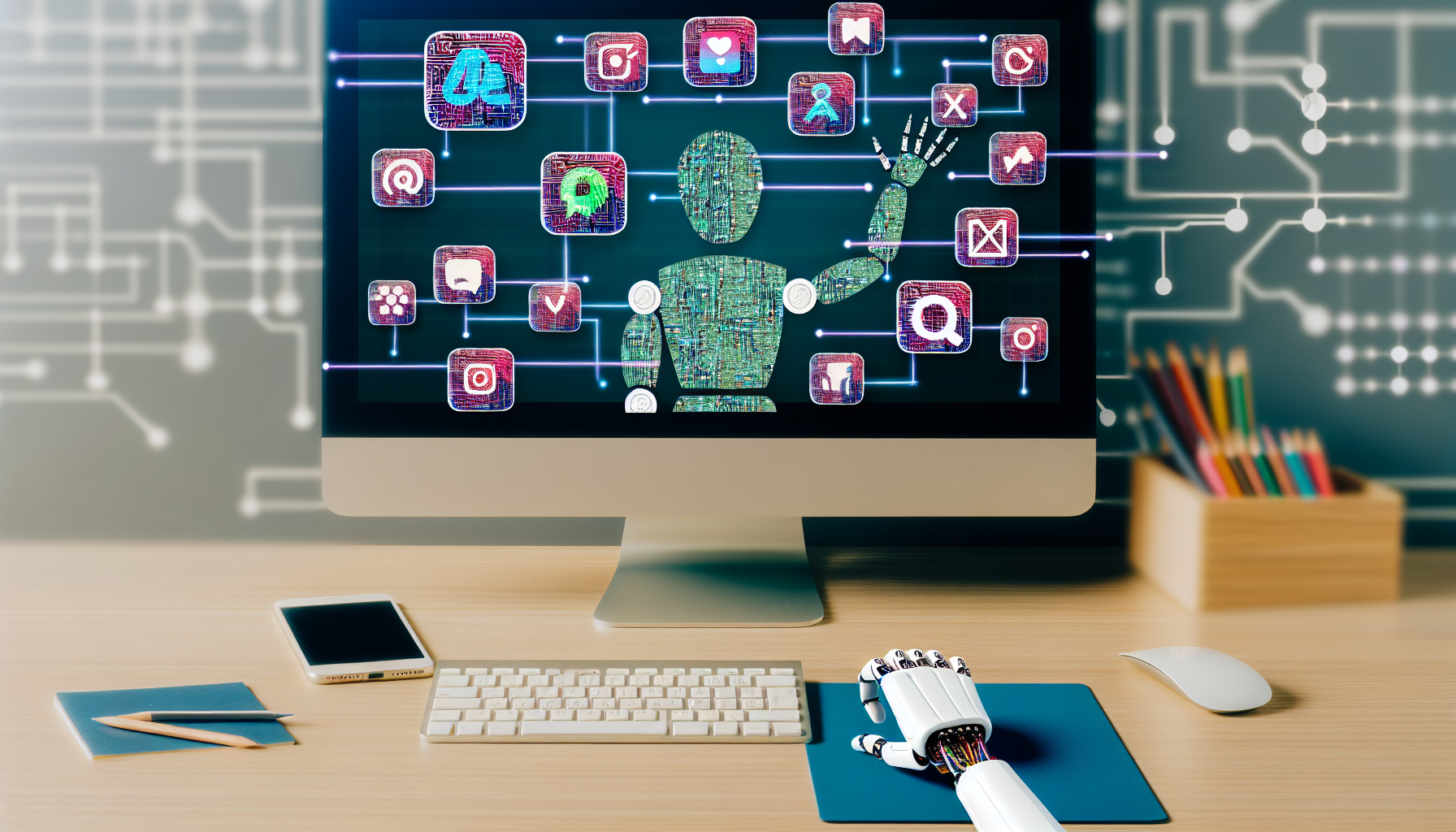 Erstellen Sie ein Bild, das das Konzept der Generierung von Inhalten fÃ¼r soziale Medien durch kÃ¼nstliche Intelligenz darstellt. Es sollte ein gut organisiertes Desktop-Setup mit einem modernen Computer geben, der verschiedene Anwendungen, Symbole von sozialen Medien und Symbole, die kÃ¼nstliche Intelligenz reprÃ¤sentieren, wie Schaltkreis-Muster oder Roboter-Icons, anzeigt. Die Szene sollte auch eine humanoide Roboterhand zeigen, die auf der Tastatur tippt, um die Beteiligung der KI an der Inhaltserstellung zu symbolisieren.