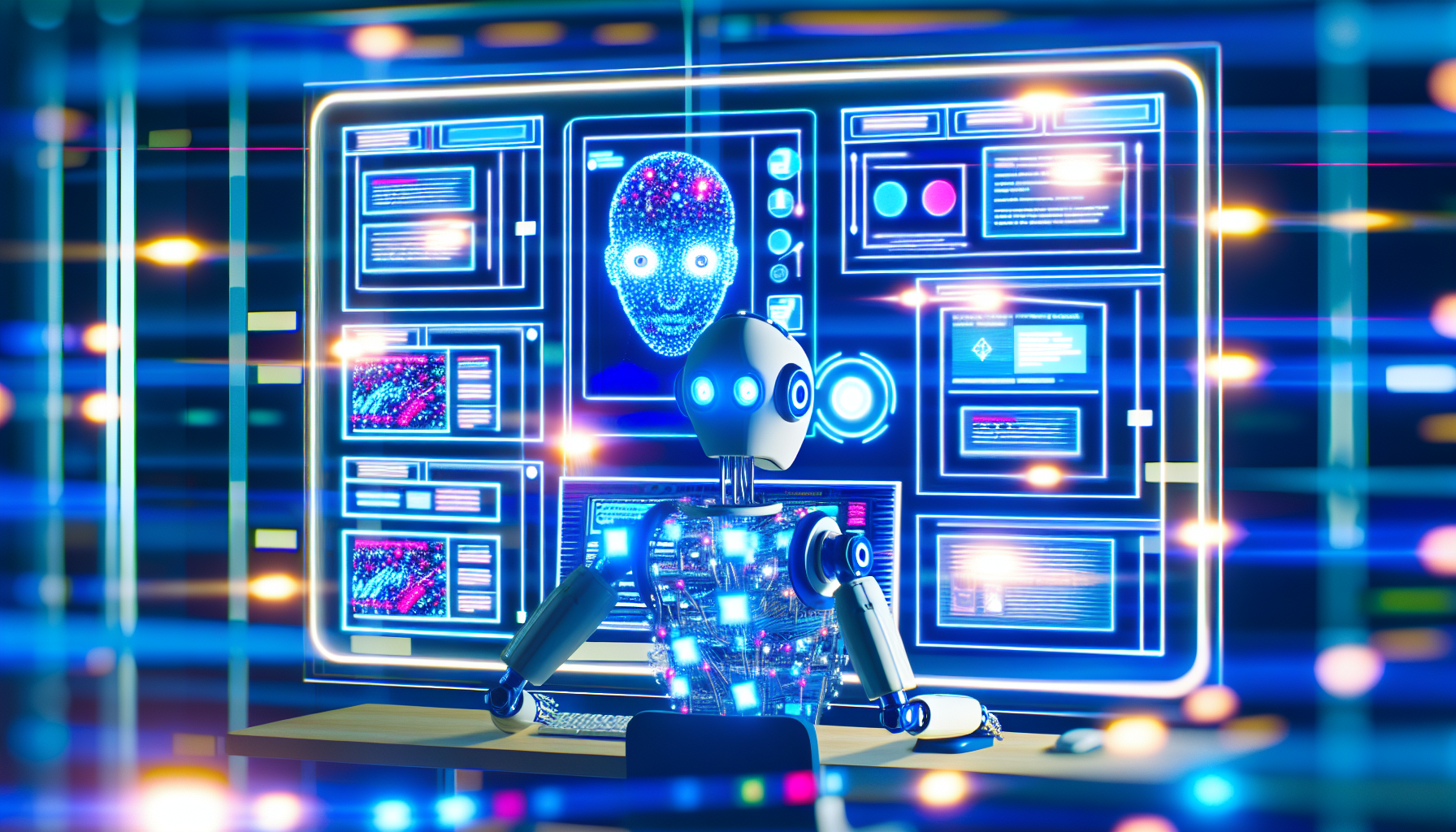 Erstellen Sie ein actiongeladenes Bild einer KI, die beschÃ¤ftigt ist, Inhalte fÃ¼r soziale Medien zu produzieren. Es gibt ein futuristisches Computersystem mit zahlreichen Bildschirmen, die verschiedene Aspekte des Inhaltsproduktionsprozesses anzeigen, wie das Entwerfen von Bildunterschriften, das Recherchieren von Trendthemen und das Gestalten lebendiger Post-Visuals. Ein Netzwerk aus Kabeln und coolen blauen Neonlichtern spiegelt die wissenschaftliche PrÃ¤zision der KI-Maschinen wider. Diese KI hat kein humanoides Erscheinungsbild, sondern reprÃ¤sentiert eine abstrakte Form intelligenter Maschinen, die mit LED-Lichtern ausgestattet ist, die in verschiedenen Farben pulsieren und ihre unermÃ¼dliche AktivitÃ¤t anzeigen.