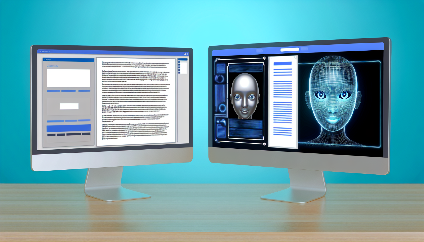 Erstellen Sie ein Bild, das das Konzept der Nutzung von kÃ¼nstlicher Intelligenz zur Generierung von Inhalten fÃ¼r soziale Medien darstellt. Zeigen Sie eine moderne Desktop-Umgebung mit zwei Bildschirmen. Auf dem einen Bildschirm sollten Felder zum EinfÃ¼gen von Text angezeigt werden, neben einem futuristischen KI-Gesicht, das seinen Beitrag zur Erstellung des Inhalts vorschlÃ¤gt. Auf dem anderen Bildschirm sollte ein Mock-up eines sozialen Medienbeitrags zu sehen sein, den die KI generiert hat, mit Text und Bildern.