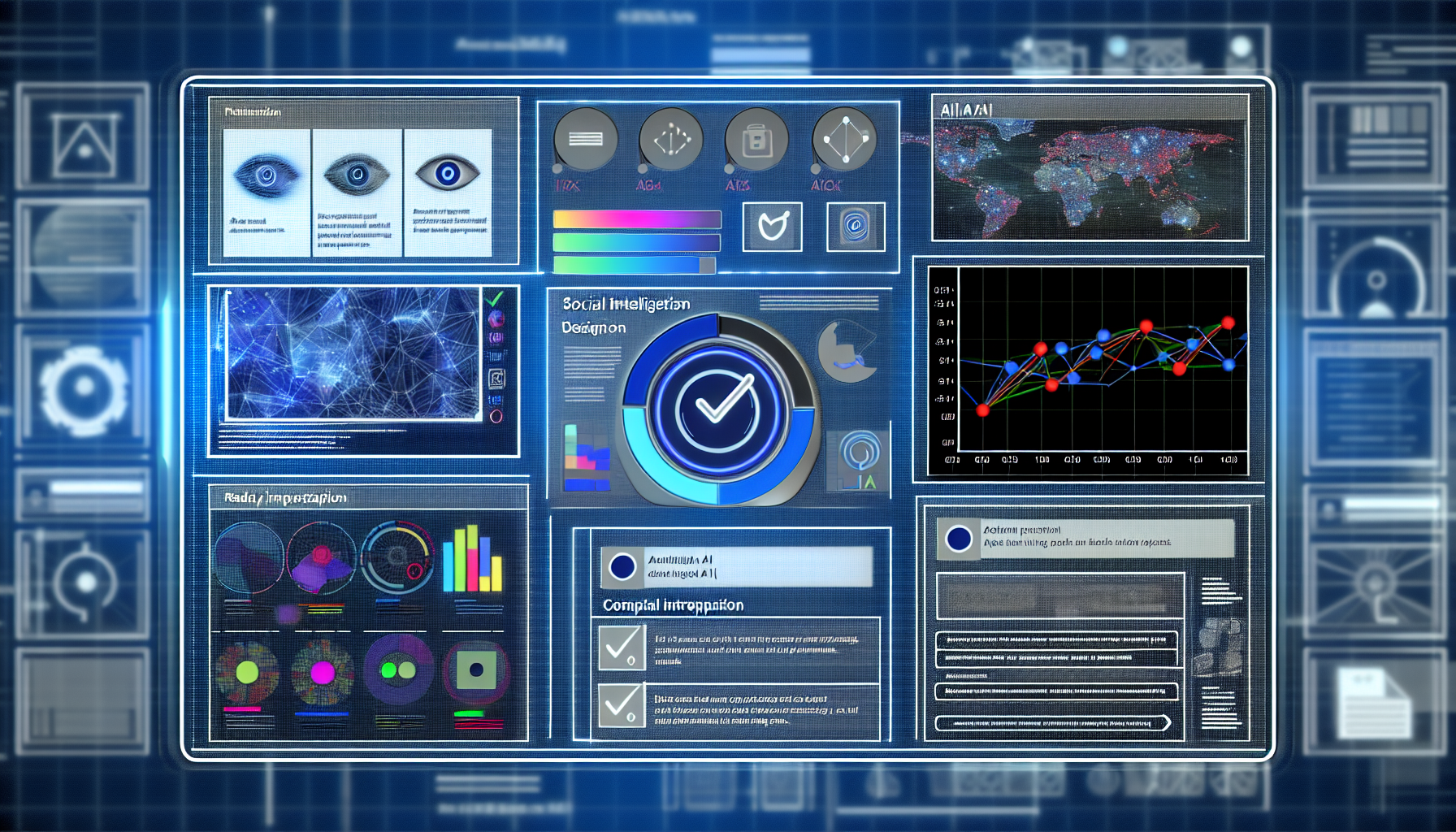 Ein Bild einer KÃ¼nstlichen Intelligenz-Schnittstelle, die Inhalte fÃ¼r soziale Medien gestaltet. Stellen Sie sich eine detaillierte Darstellung eines futuristischen Dashboards vor, das mit komplexen Diagrammen, Grafiken und Analysen gefÃ¼llt ist. Auf einer Seite des Bildschirms zeigen Sie eine Vielzahl von vorgeschlagenen Social-Media-BeitrÃ¤gen, die von Text Ã¼ber Bilder bis hin zu Videoinhalten reichen. FÃ¼gen Sie Fortschrittsbalken und HÃ¤kchen hinzu, die den Arbeitsfortschritt der KI signalisieren. Wo es angebracht ist, zeigen Sie die Dateninterpretation in Form von Tortendiagrammen, Balkendiagrammen und Trendlinien. SchlieÃŸen Sie keine persÃ¶nlichen Informationen oder identifizierbaren Benutzerdaten in der Schnittstelle ein.