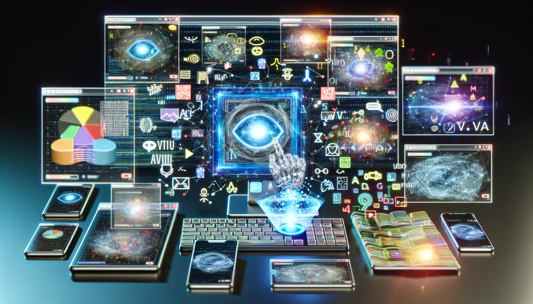 Eine Darstellung, wie Künstliche Intelligenz (KI) Inhalte für soziale Medien generieren kann. Die Szene zeigt eine KI-Computeroberfläche mit komplexen Algorithmen auf dem Bildschirm. Sie verarbeitet eine Fülle von Informationen, Symbolen und Daten, die durch leuchtende Linien und 3D-Objekte dargestellt werden. Die KI ist aktiv und erstellt verschiedene visuelle Inhalte – abstrakte Designs, Infografiken und ansprechende Wortkunst. Darunter zeigen digitale Geräte – ein Tablet, ein Smartphone und ein Laptop – die final gerenderten Inhalte für soziale Medien, die die KI erstellt hat. Die gesamte Szene strahlt ein Gefühl futuristischer Technologie aus, die kreative Bestrebungen effizienter macht.
