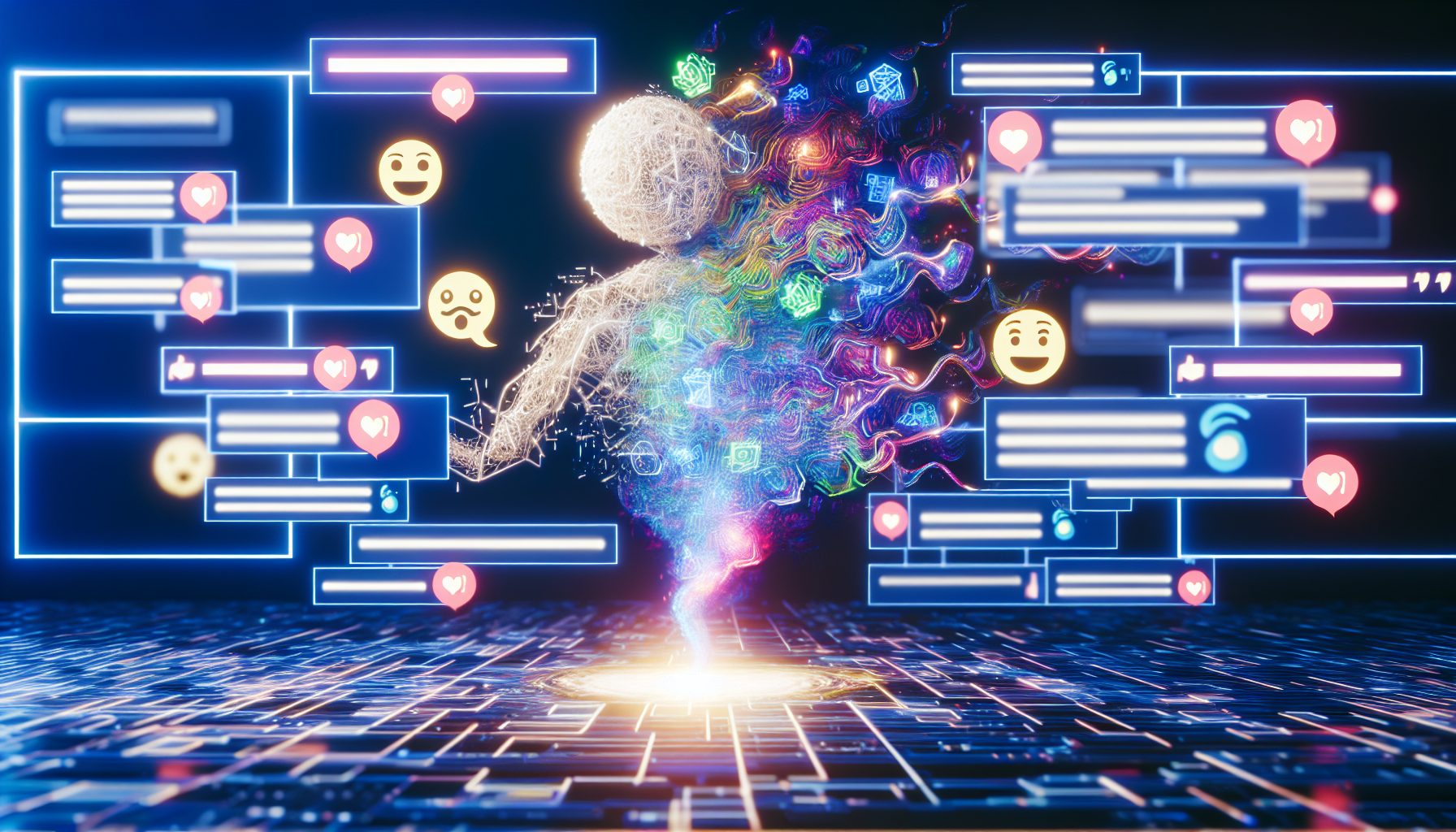 Visualisieren Sie ein Konzept von kÃ¼nstlicher Intelligenz-Software, die BeitrÃ¤ge fÃ¼r soziale Medien erstellt. Die Szene zeigt die KI, dargestellt als leuchtende EntitÃ¤t, die aus kunstvoll miteinander verwobenen Linien und Symbolen besteht und mit Licht pulsiert. Die KI-OberflÃ¤che ist damit beschÃ¤ftigt, einen kreativen Beitrag zu gestalten: Sie stellt ein lebendiges Bild zusammen, indem sie Pixel manipuliert, und verfasst fesselnden Text. Das Kunstwerk zeigt einen lebhaften Kommentarbereich, der mit verschiedenen Arten von Reaktions-Emojis gefÃ¼llt ist. Stellen Sie sich dieses digitale Reich als lebendig und dynamisch vor, Ã¼berflieÃŸend von KreativitÃ¤t und einem kontinuierlichen Fluss von Informationen.