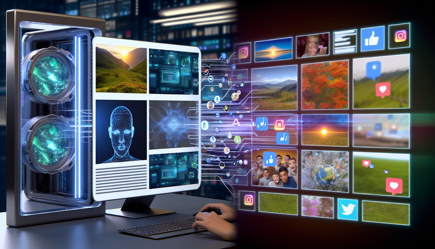 Stellen Sie sich eine Szene vor, in der ein kÃ¼nstliches Intelligenzsystem Inhalte fÃ¼r soziale Medien erstellt. Auf der einen Seite des Bildes befindet sich ein groÃŸer, futuristischer Computer mit mehreren Bildschirmen, die verschiedene Arten von Inhalten anzeigen: atemberaubende Naturfotos, faszinierende Artikel, trendige Memes und lustige Kurzvideos. Auf der anderen Seite des Bildes sehen wir das Ergebnis der Arbeit der KI â€“ einen Strom von Social-Media-BeitrÃ¤gen auf einer virtuellen Plattform, die eine vielfÃ¤ltige Palette von Inhalten zeigt, die von der KI kuratiert wurden und die Nutzer verschiedener Altersgruppen und kultureller HintergrÃ¼nde ansprechen. Achten Sie darauf, den Fluss der Daten vom Computer zur Social-Media-Plattform darzustellen.
