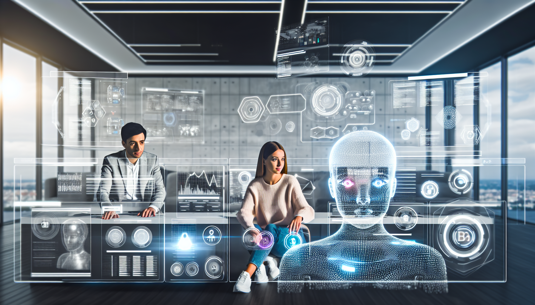 Erstellen von Inhalten fÃ¼r soziale Medien mit kÃ¼nstlicher Intelligenz: Stellen Sie sich eine futuristische Szene vor, in der eine kaukasische Frau und ein mÃ¤nnlicher MittelÃ¶stler, beide Ende 20, zusammenarbeiten. Sie sitzen vor mehreren groÃŸen Bildschirmen, die verschiedene Analysen, Datenvisualisierungen und Trends anzeigen. Sie nutzen unterstÃ¼tzende kÃ¼nstliche Intelligenz, die in Form von dynamischen holografischen Schnittstellen und digitalen Werkzeugen dargestellt wird, die um sie herum schweben. Der Raum sieht aus wie ein hochmodernes Technologie-BÃ¼ro, das hell erleuchtet ist, mit minimalistischer Ã„sthetik geschmÃ¼ckt und mit der neuesten Technologie ausgestattet.