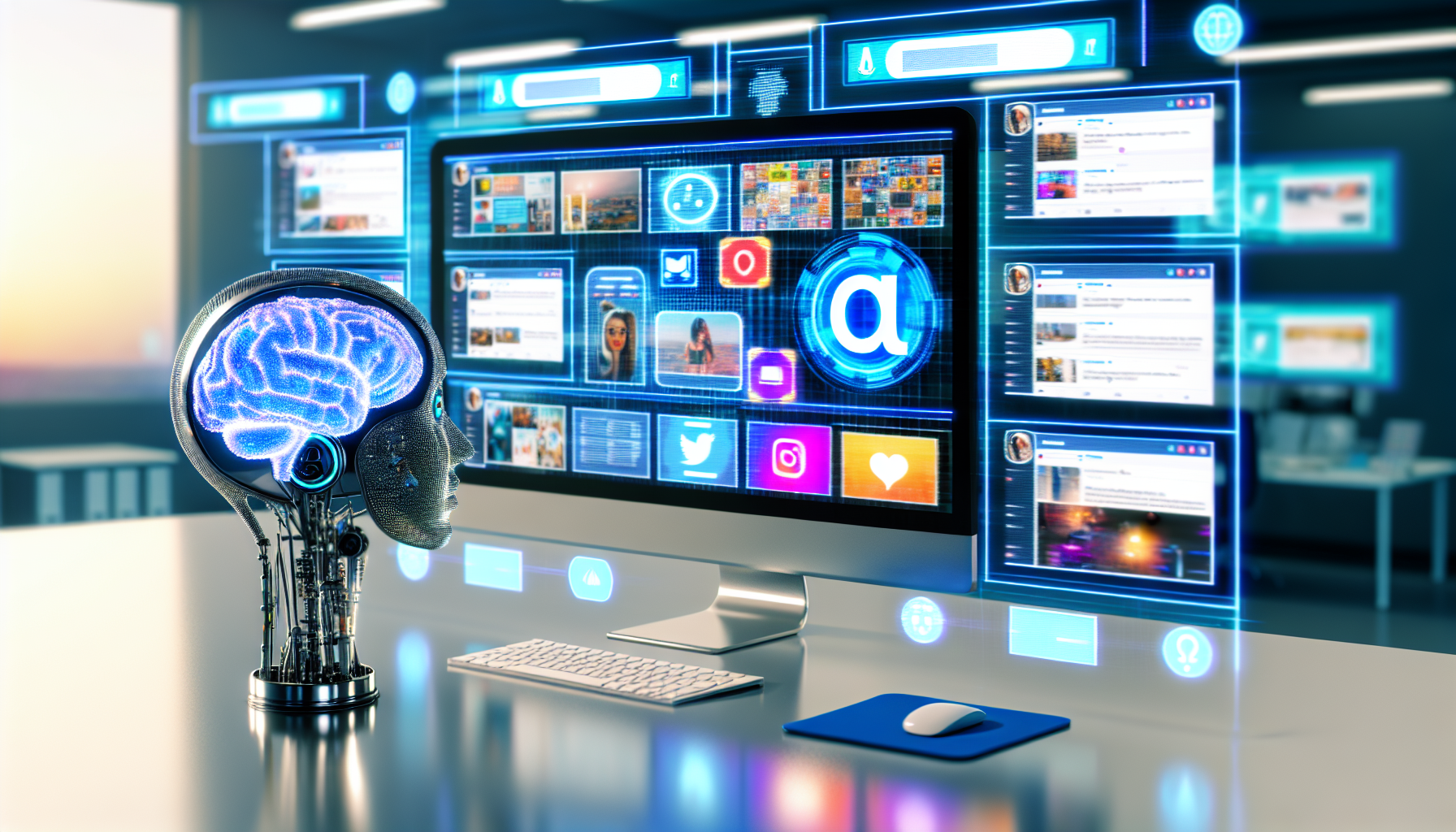 Erzeugen eines Bildes von kÃ¼nstlicher Intelligenz-Technologie, die Inhalte fÃ¼r soziale Medien erstellt. Diese Visualisierung umfasst ein futuristisches Computer-Setup mit mehreren Bildschirmen, die verschiedene soziale Medienplattformen anzeigen. Neben dem Setup sollte eine symbolische Darstellung von KI zu sehen sein, wie ein metallisches Gehirn oder ein holographischer KI-Assistent. Diese Bildschirme sind dynamisch mit interessanten Inhalten gefÃ¼llt, wie BlogbeitrÃ¤gen, informativen Videos, eingÃ¤ngigen Tweets, fesselnden Fotos usw. Idealerweise sollte der angezeigte Inhalt vielfÃ¤ltig und innovativ sein und die dynamische und sich entwickelnde Natur sozialer Medien widerspiegeln. Das Szenario spielt sich in einer eleganten, modernen Arbeitsumgebung ab, die auf Spitzentechnologie hinweist.