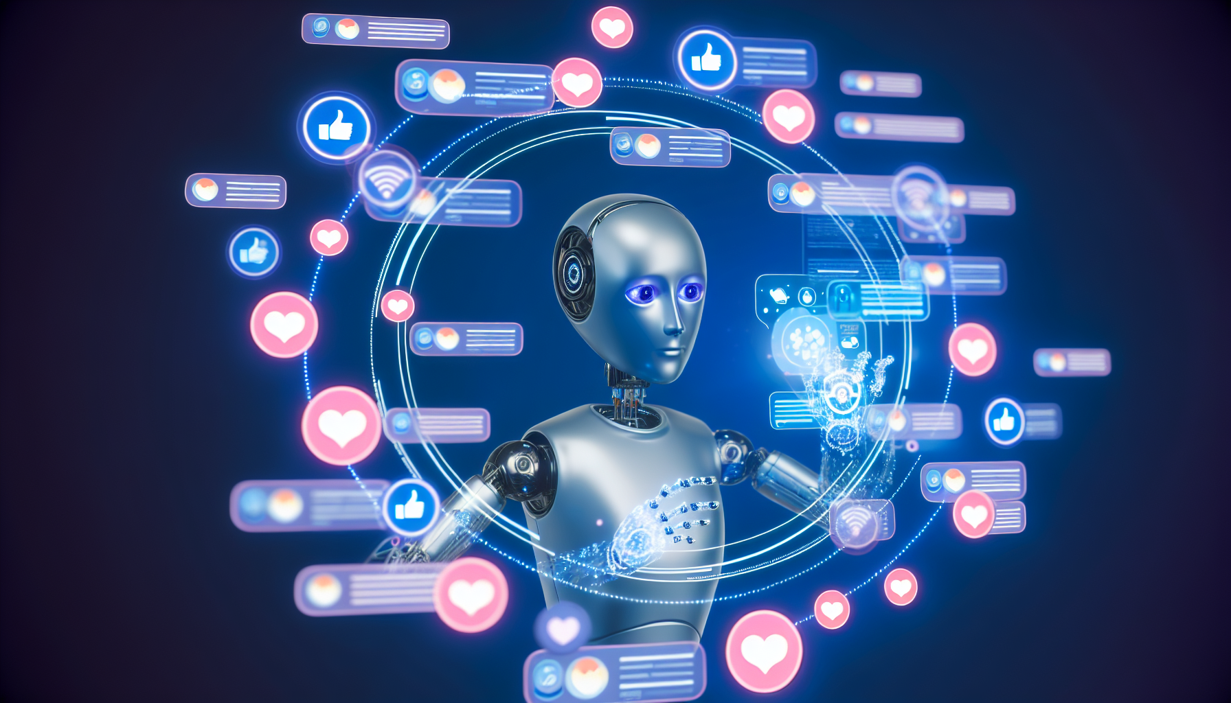 Eine kÃ¼nstliche Intelligenz, die effizient Inhalte fÃ¼r soziale Medien erstellt. Die KI ist in eine virtuelle Schnittstelle eingetaucht, die mit Benachrichtigungen, Emoji-Reaktionen, Kommentaren, geteilten Inhalten und Hashtags gefÃ¼llt ist. Sie manipuliert diese Elemente mit holografischen Armen und HÃ¤nden, erstellt neue BeitrÃ¤ge und Antworten, plant sie und verwaltet die Engagement-Analysen.
