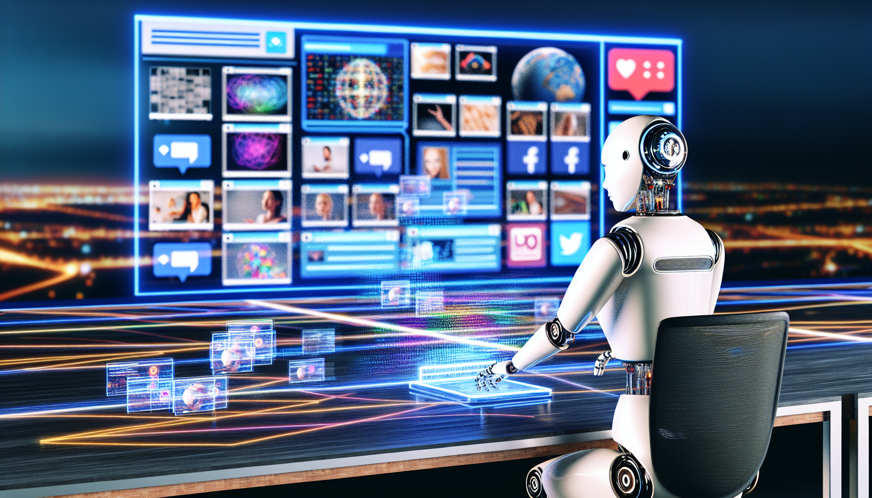 Erstellen Sie ein Bild, das das Konzept der Nutzung von KÃ¼nstlicher Intelligenz zur Erstellung von Inhalten fÃ¼r soziale Medien darstellt. Die Szene sollte einen groÃŸen Bildschirm zeigen, der eine Vielzahl von unterschiedlichen BeitrÃ¤gen wie Bilder, Artikel und Videos anzeigt. Im Vordergrund sollte ein humanoider Roboter dargestellt werden, der geschlechtsneutral und rassenneutral ist, an einem futuristischen Schreibtisch sitzt und konzentriert holographische Steuerungen manipuliert. Der Roboter fÃ¼hrt ein Programm aus, was durch in der Luft projizierte Codezeilen angezeigt wird. All diese Elemente sollten eine fortschrittliche, hochmoderne AtmosphÃ¤re in einem eleganten und modernen BÃ¼ro schaffen.