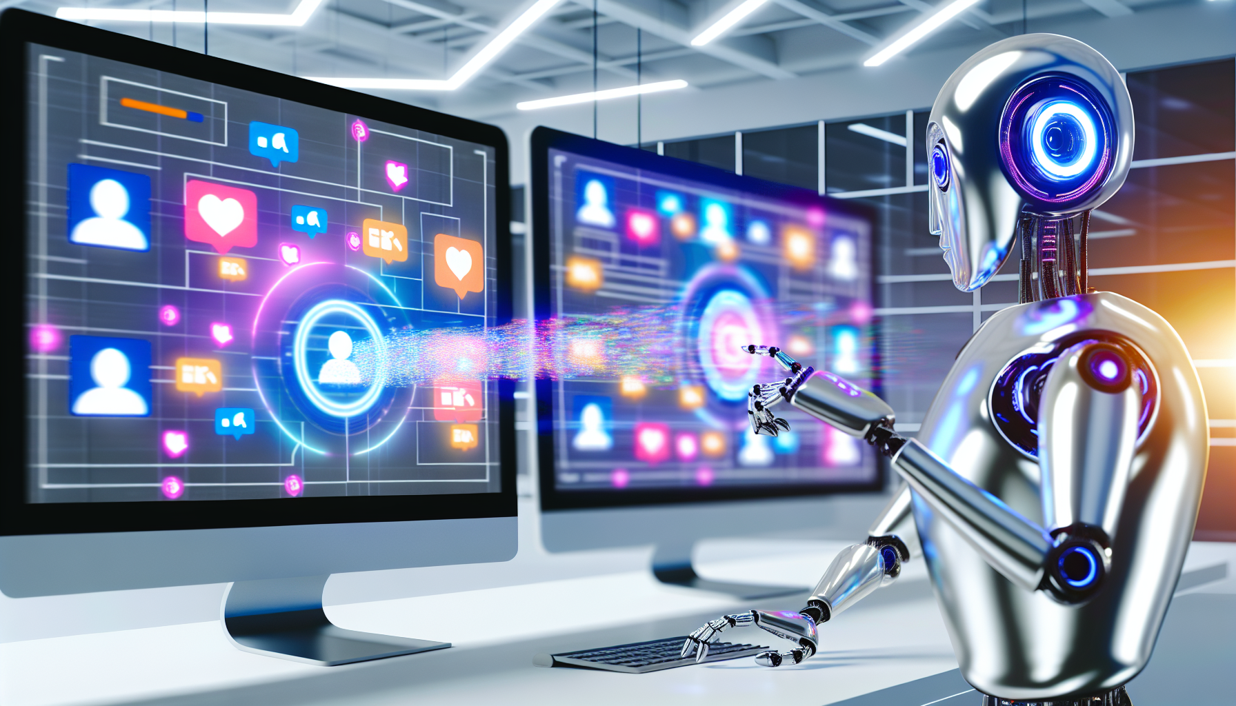 Visualisieren Sie eine kÃ¼nstliche Intelligenz-Technologie, die Inhalte fÃ¼r soziale Medien entwirft. Zeigen Sie einen futuristischen, metallischen Roboter mit eleganten Linien und Lichtern an einem Computerterminal. Die Monitore zeigen farbenfrohe Grafiken, Symbole und Texte, die verschiedene soziale Medienplattformen reprÃ¤sentieren, wie BeitrÃ¤ge, Likes, Kommentare und Shares. Ein Datenstrom pulsiert stÃ¤ndig von den Fingern des Roboters zu den Monitoren und zeigt EchtzeitÃ¤nderungen der digitalen Elemente. Der Hintergrund sollte ein minimalistisches High-Tech-Labor mit weiÃŸen WÃ¤nden und modernistischer MÃ¶beln sein.