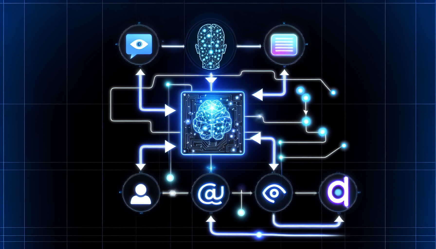 Erstellen Sie ein Bild, das den Prozess der Nutzung von kÃ¼nstlicher Intelligenz zur Generierung von Inhalten fÃ¼r soziale Medien darstellt. FÃ¼gen Sie verschiedene Elemente hinzu, wie ein futuristisches AI-Design, Logos und Symbole sozialer Medien sowie einen Projektzeitplan, der jeden Schritt von der Eingabe Ã¼ber die Verarbeitung bis zur Ausgabe zeigt. Die KI wird durch ein fortschrittliches Computersystem mit neonblauen Lichtern und komplexen Schaltkreisen dargestellt. Die Logos der sozialen Medien sind im minimalistischen Linienstil gestaltet, wobei jedes eine andere Plattform reprÃ¤sentiert. Der Projektzeitplan manifestiert sich als dreidimensionales Flussdiagramm mit leuchtenden Knoten, die durch geschwungene Pfade verbunden sind.