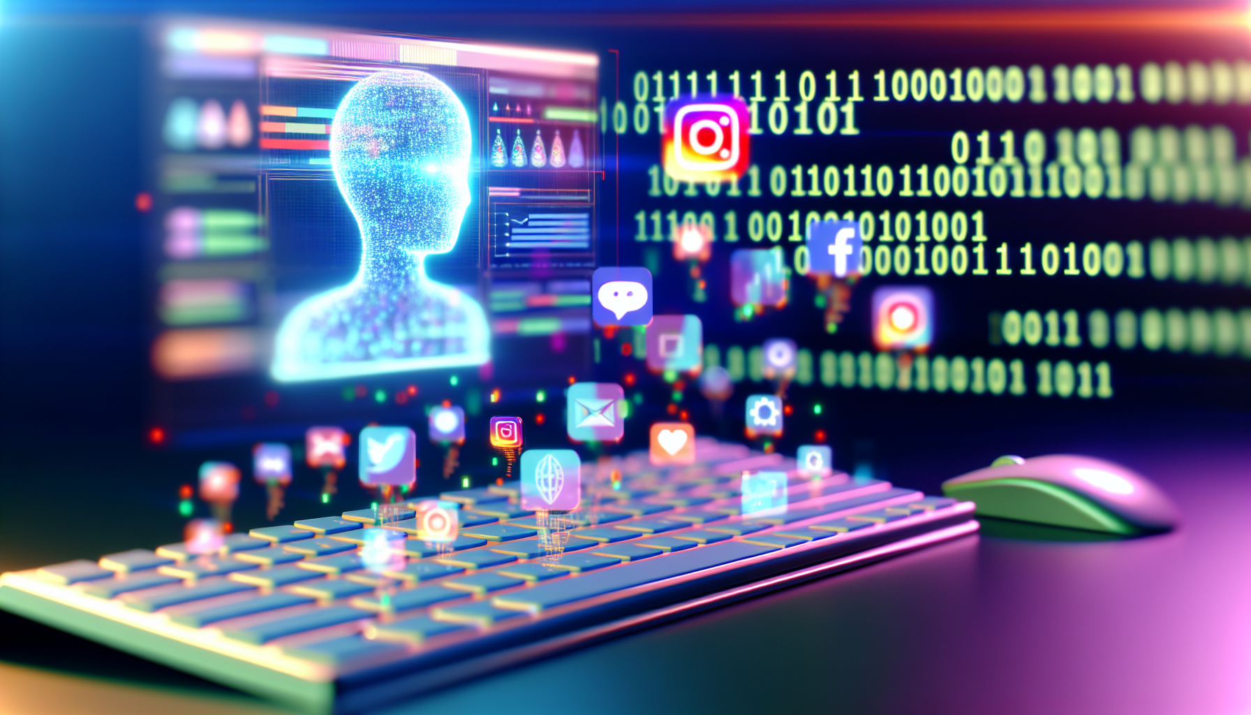 Erzeuge ein Bild von kÃ¼nstlicher Intelligenz, die Inhalte fÃ¼r soziale Medien erstellt. Zeige eine Nahaufnahme eines stilisierten Computerbildschirms, der bunte Grafiken, Diagramme und Infografiken zu sozialen Medienanalysen anzeigt. Die Tasten der Tastatur leuchten mit einem sanften, pulsierenden Licht, das die Eingabe der KI symbolisiert. Im Hintergrund ist binÃ¤rer Code Ã¤sthetisch angeordnet, der die funktionierende KI darstellt, wÃ¤hrend soziale Medien-Icons um den Bildschirm schweben. FÃ¼ge ein 3D-holografisches KI-Symbol Ã¼ber der Tastatur hinzu, das die PrÃ¤senz der KI verkÃ¶rpert. Die Szene sollte eine futuristische und hochmoderne AtmosphÃ¤re haben.