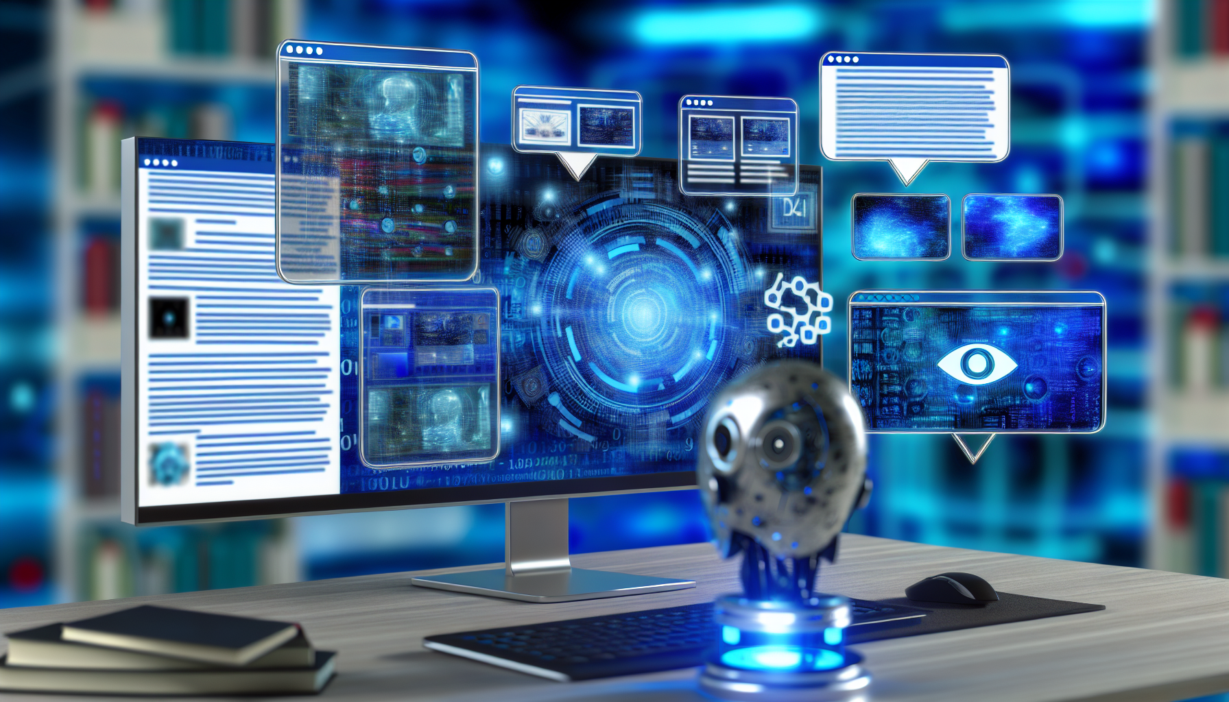 Ein KÃ¼nstliche Intelligenz-Programm, das Inhalte fÃ¼r eine Social-Media-Plattform generiert. Es kÃ¶nnte als futuristische Computeranordnung dargestellt werden, mit mehreren Bildschirmen, die verschiedene Social-Media-Plattformen zeigen, wie einen Blog, eine Foto-Sharing-Seite oder eine Video-Plattform. Die KI, dargestellt als digitale EntitÃ¤t oder abstraktes Symbol, verarbeitet aktiv Daten und erstellt vielfÃ¤ltige Inhalte: BlogbeitrÃ¤ge, Tweets, Bilder mit Beschreibungen. Diese Szene spielt sich an einem Ort ab, der ein High-Tech-BÃ¼ro oder ein Labor eines Wissenschaftlers mit futuristischer Technologie sein kÃ¶nnte, mit Darstellungen kÃ¼nstlicher neuronaler Netzwerke und einem Ã¼berwiegend blauen Farbschema fÃ¼r eine Sci-Fi-AtmosphÃ¤re.