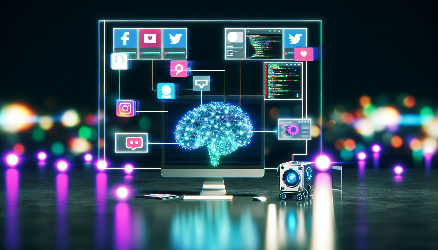 Erstellen Sie ein Bild, das das Konzept der Nutzung von kÃ¼nstlicher Intelligenz zur Generierung von Inhalten fÃ¼r soziale Medien darstellt. Dies kann als futuristische Computeranordnung mit mehreren Bildschirmen dargestellt werden, die verschiedene Arten von sozialen Medienplattformen anzeigen. Der Computer sollte komplexe Codes und Algorithmen ausfÃ¼hren. DarÃ¼ber hinaus sollte die KI als leuchtendes Gehirn dargestellt werden, das in den Computer integriert ist. FÃ¼r die AtmosphÃ¤re sollten Neonlichter von eleganten GlasoberflÃ¤chen reflektiert werden, um eine anspruchsvolle und technologieorientierte Stimmung zu schaffen.
