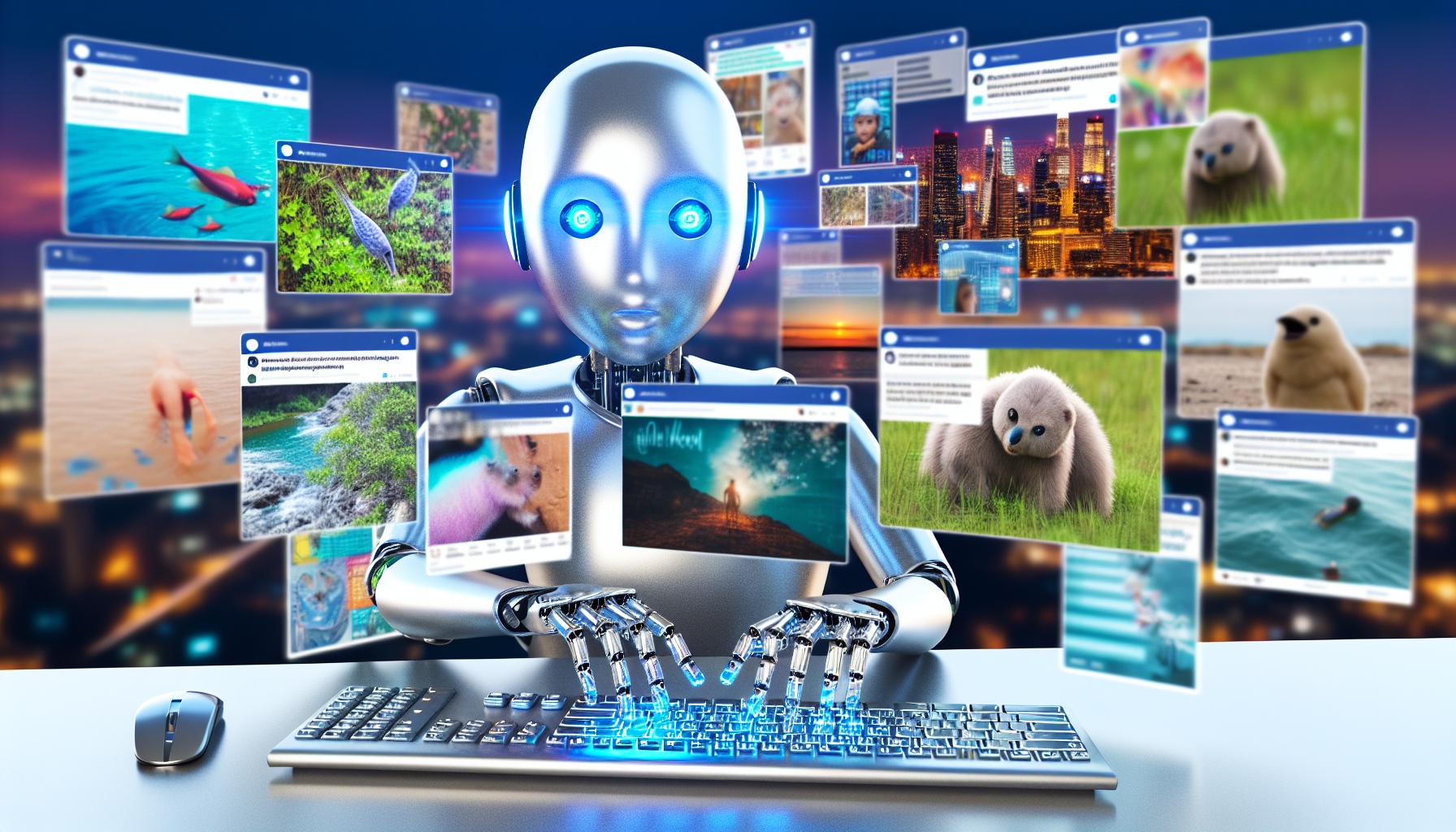 Erstellen Sie eine Bildkomposition, die das Konzept der kÃ¼nstlichen Intelligenz veranschaulicht, die vielfÃ¤ltige Inhalte fÃ¼r soziale Medien erstellt. In der Szene sitzt ein anthropomorpher Roboter mit leuchtend blauen LED-Augen und silbernem KÃ¶rper an einem Schreibtisch, umgeben von digitalen Bildschirmen, die verschiedene Formen von Social-Media-BeitrÃ¤gen zeigen â€“ von fesselnden Tierfotos bis hin zu ansprechenden Infografiken. Unter den Bildschirmen kÃ¶nnte einer eine futuristische Stadtlandschaft anzeigen, ein anderer eine Infografik Ã¼ber die globale ErwÃ¤rmung und ein weiterer eine herzerwÃ¤rmende Geschichte Ã¼ber menschliche Resilienz. Die metallischen Finger des Roboters tippen schnell auf einer transparenten Tastatur, was die Inhaltserstellung symbolisiert.